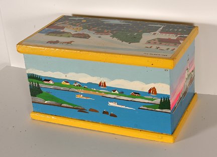 Joe Norris. Painted Memory Box.: Joe Norris. Painted Memory Box. 1989. Nova Scotia artist. Signed and dated. Paint on wooden chest box. All 5 sides and inside lid are decorated. Excellent condition. 21” x 11” x 12”. Provenance: