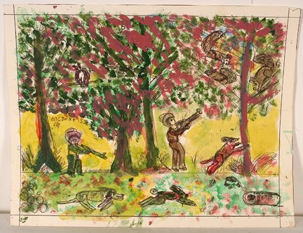 M.C. 5¢ Jones. Coon Hunting.: M.C. 5¢ Jones. Coon Hunting. Signed. Not dated. Ink and watercolor on paper. Excellent condition. 14” w x 11”h. Est. $200-300. Ship: $25