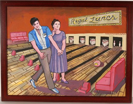 K. Billups. I Saw Elvis At The Regal Lanes.: K. Billups. I Saw Elvis At The Regal Lanes. 2002. Signed and dated. Acrylic on canvas. Size with frame is 26” w x 20”h. Est. $100-200. Ship: $35