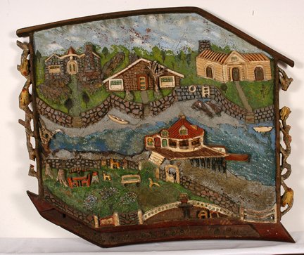 Unknown Artist. Quaint Waterfront Town.: Unknown Artist. Quaint Waterfront Town. Not signed, but inscribed, “From Nelli & Bill to Joe & Will, Carl & Ruth.” C. 1964. Plaster on wood with mixed media. Fair condition. 32” w x 27” h. Can