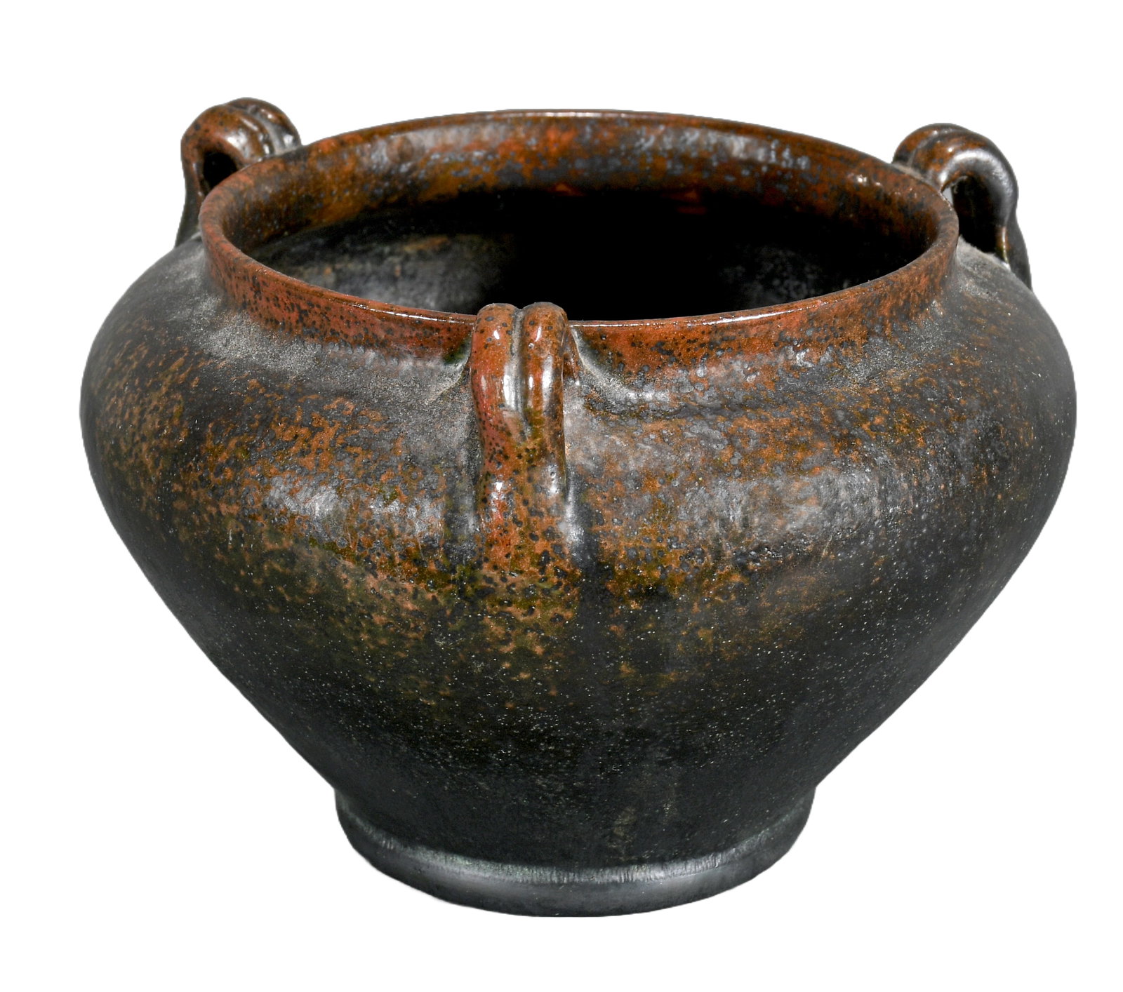 Jonah Owens (Attrib). 3 Handle Experimental Glaze Earthen Bowl.: Jonah Owens (Attributed). 3 Handle Experimental Glaze Earthen Bowl. c. 1920's. Not signed. Mint condition. 4.5" h. Est. $300-500. Ship: $45