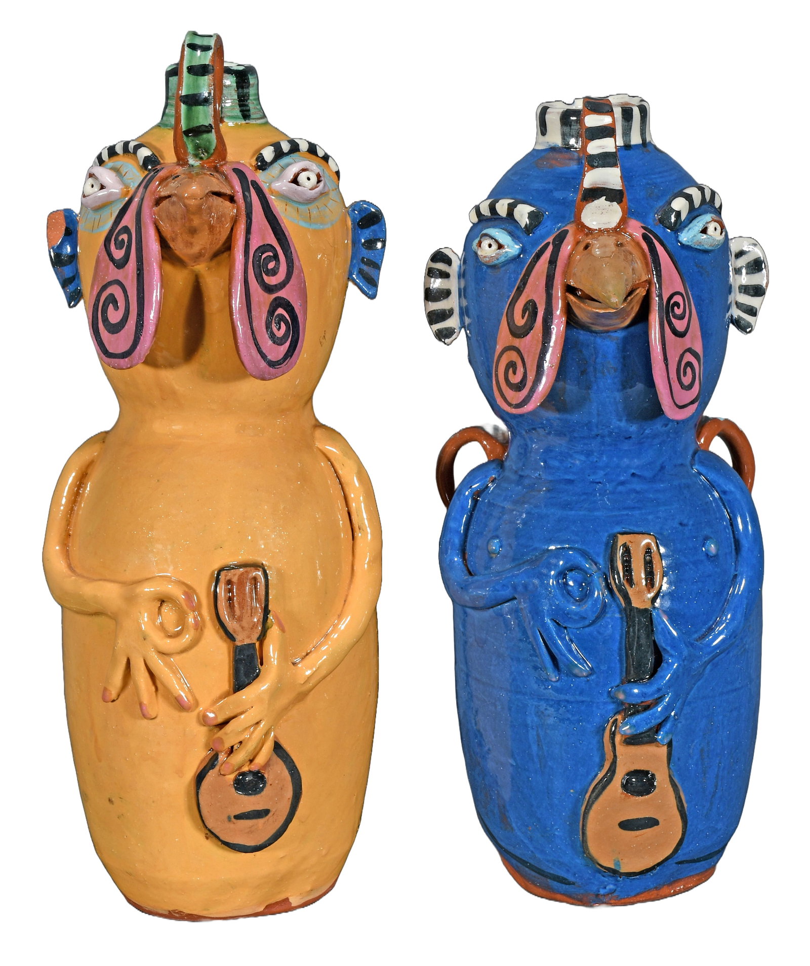 Carl Block. Pair of Bluegrass Pickin’ Chickens.: Carl Block. Pair of Bluegrass Pickin’ Chickens. Stamped. Multi-colored glaze. Mint condition. Each is 15.5" h. Est. $500-800. Ship: $150