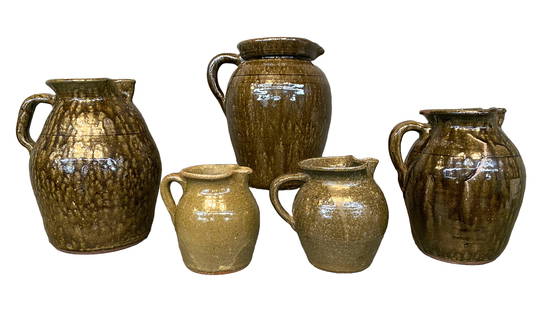 Lanier Meaders. 5 Assorted Sized Pitchers.: Lanier Meaders. 5 Assorted Sized Pitchers. Signed. Chip in largest one and repair to smallest, otherwise good to great condition. Largest is 10" h. Est. $300-500. Ship: $100