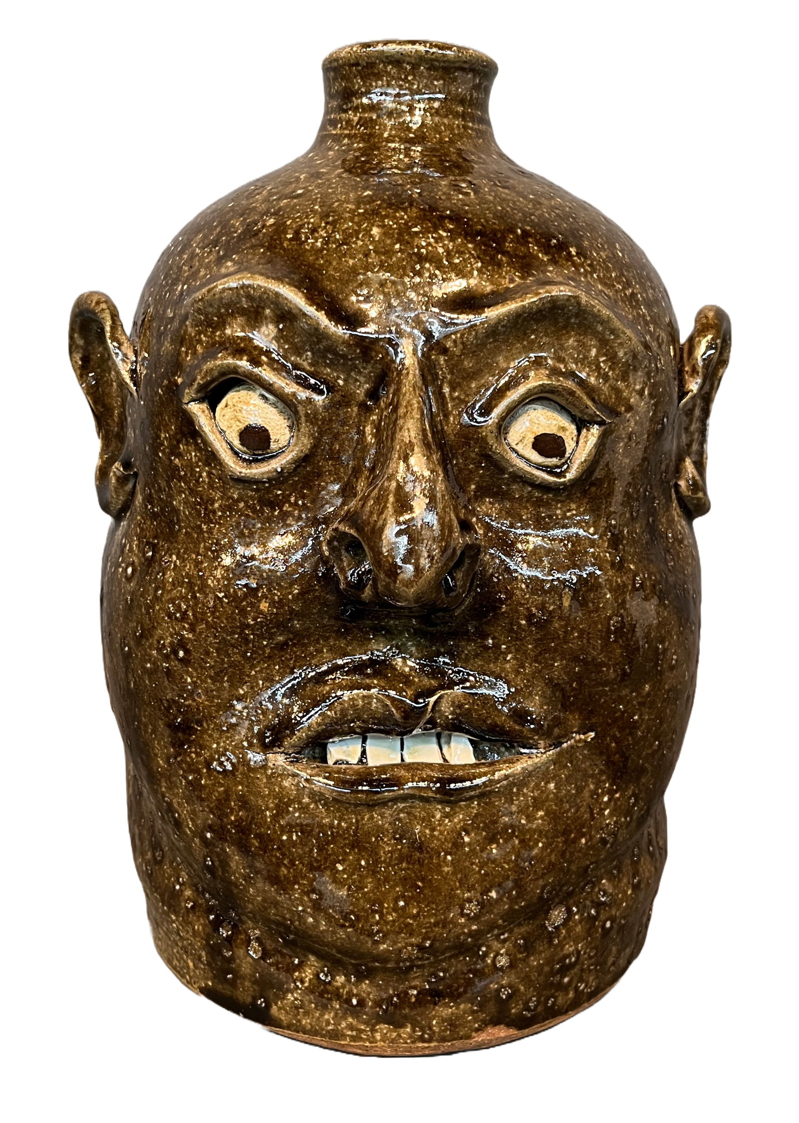 David Meaders. Large Face Jug with China Teeth.: David Meaders. Large Face Jug with China Teeth. Signed. Minor blistered glaze, otherwise mint condition. 11.5" h. Est. $200-400. Ship: $65