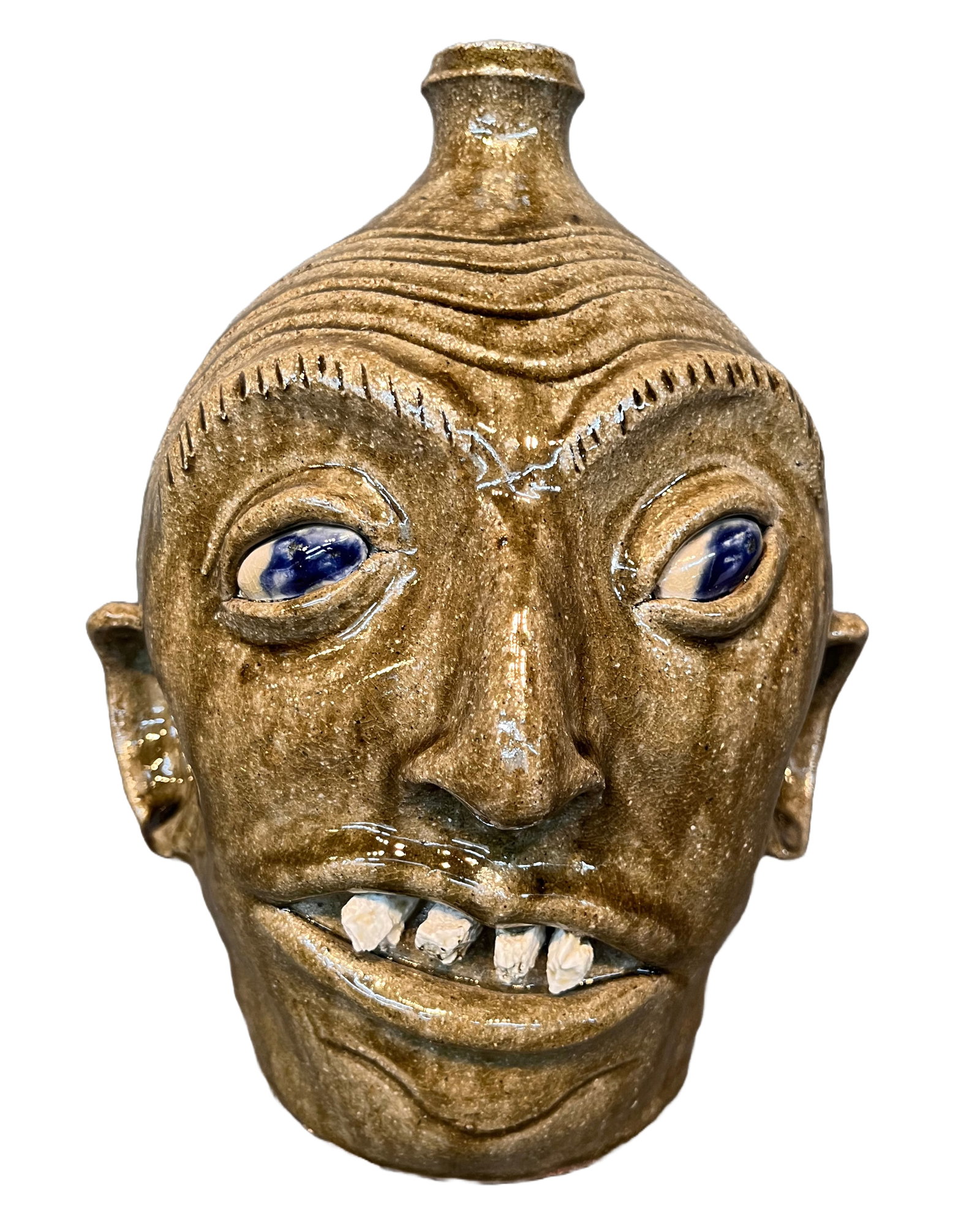 Clint Alderman. Face Jug with Rock Teeth and Blue Eyes.: Clint Alderman. Face Jug with Rock Teeth and Blue Eyes. 2008. Signed and dated. Green ash glaze. Mint condition. 10" h. Est. $200-400. Ship: $65