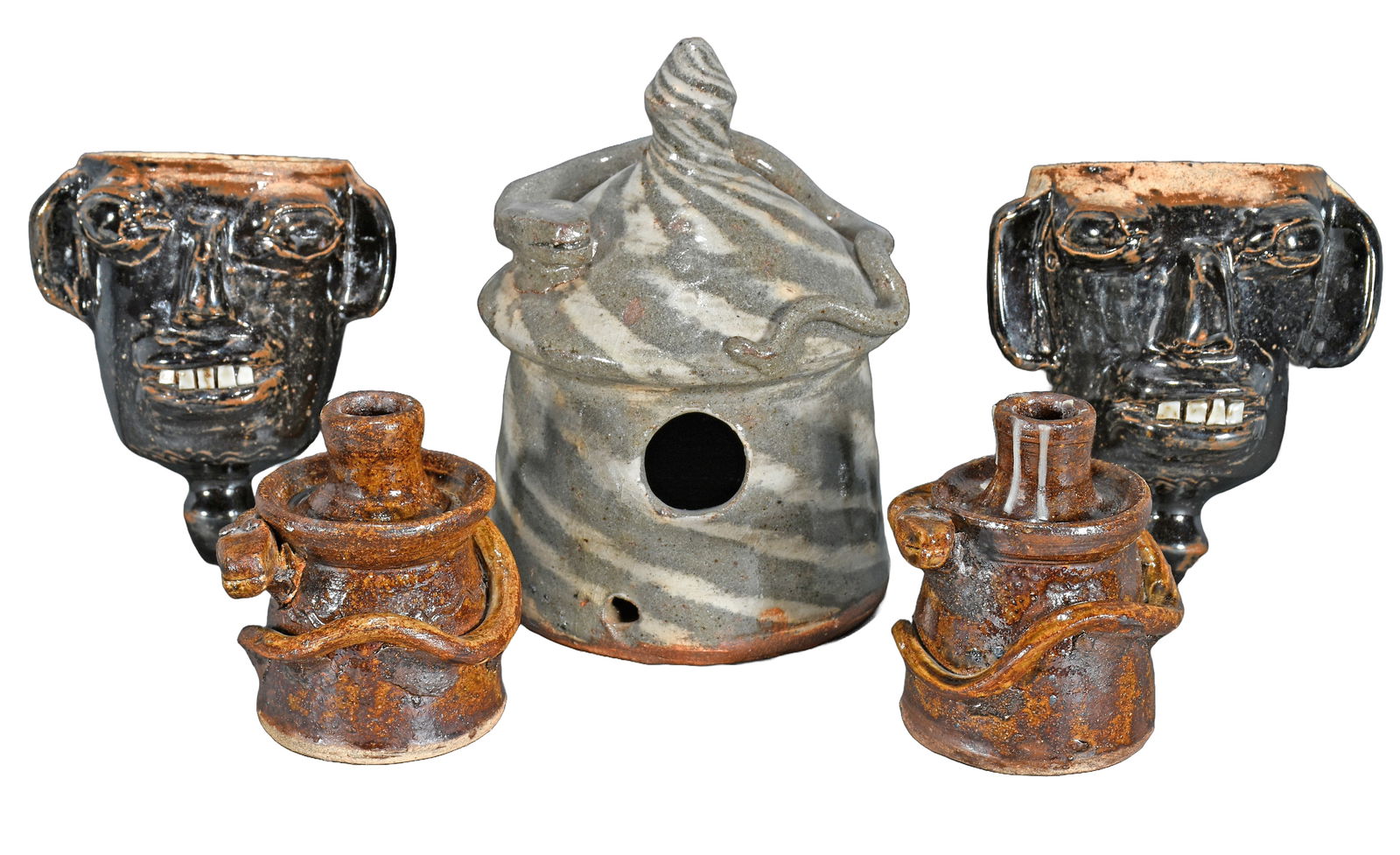 B.B. Craig. Two Face Planters, Two Snake Candlestick Holders and a Swirl Bird House. (1 of 5)
