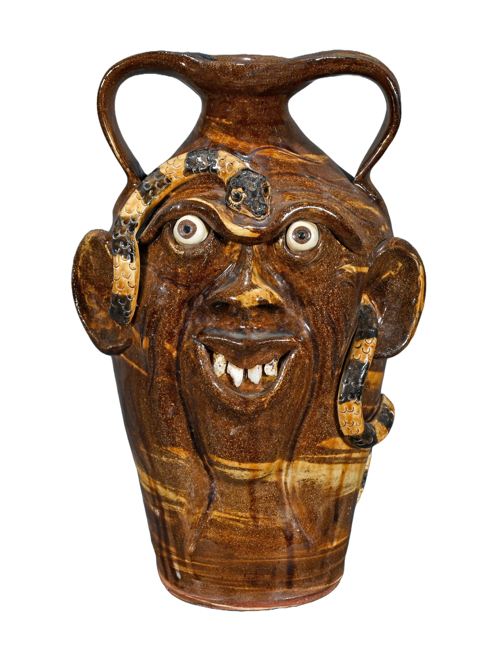 Steve Turpin. Tall Face Jug with Serpent and Rock Teeth.: Steve Turpin. Tall Face Jug with Serpent and Rock Teeth. 2002. Signed and dated. Mint condition. 14" h. Est. $200-300. Ship: $75