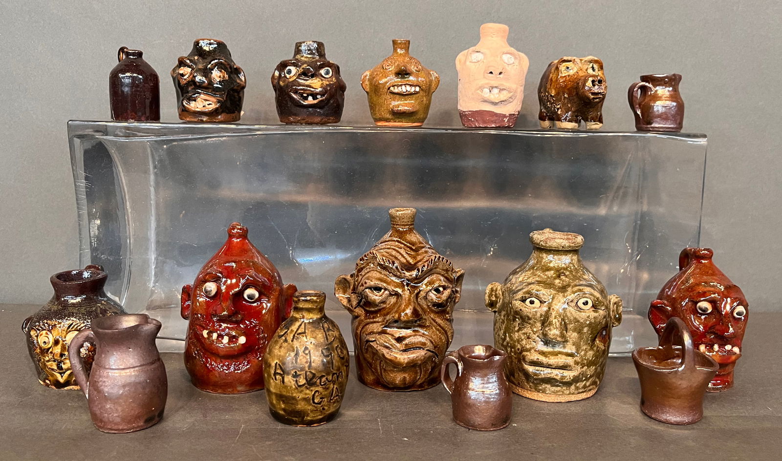 Rogers, A. Meaders, Bailey, W. Hewell. 16 Mini Face Jugs & Pots. (1 of 2)