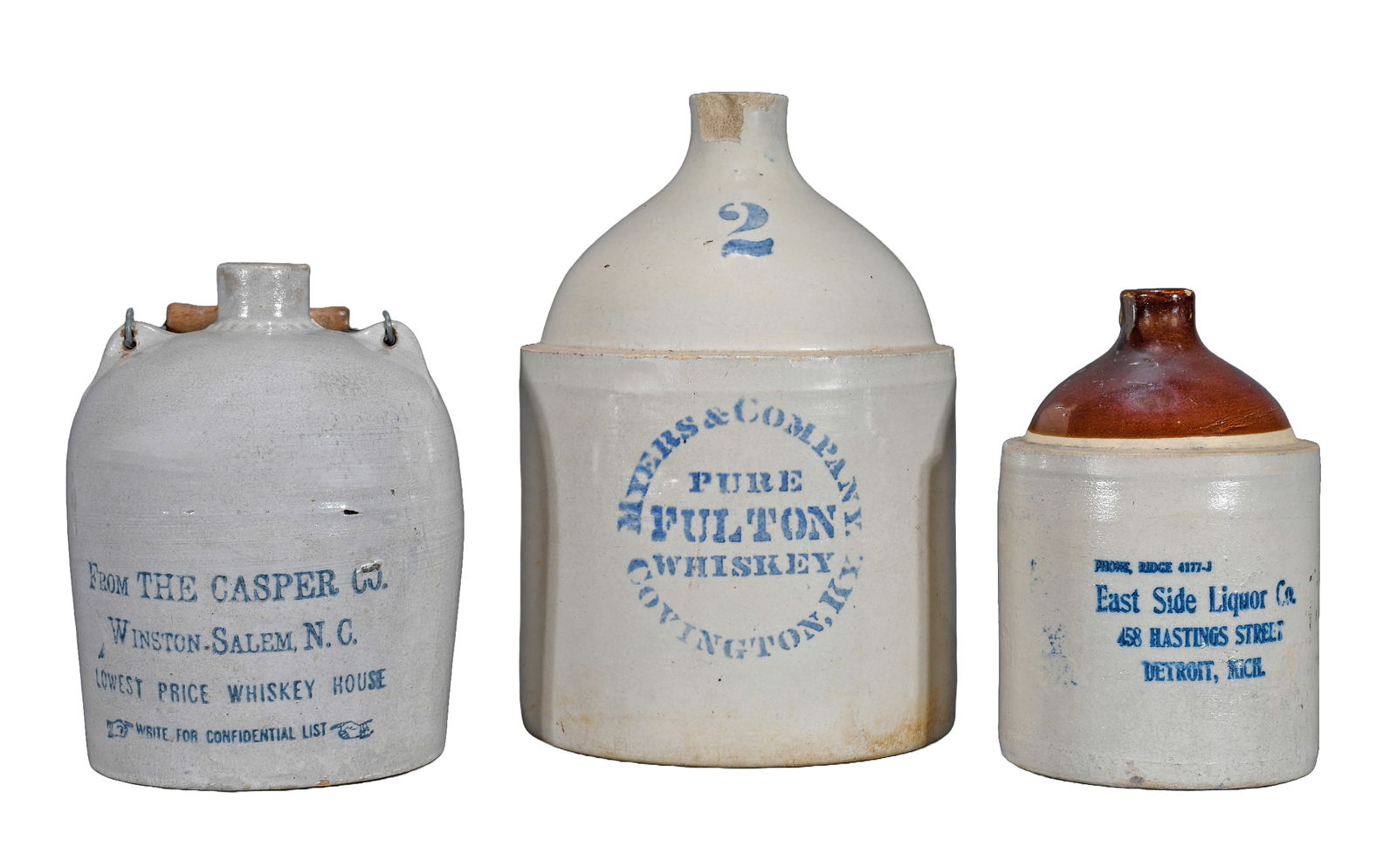 East Side Liquor, Myers & The Casper. 3 Whiskey Jugs. (1 of 3)