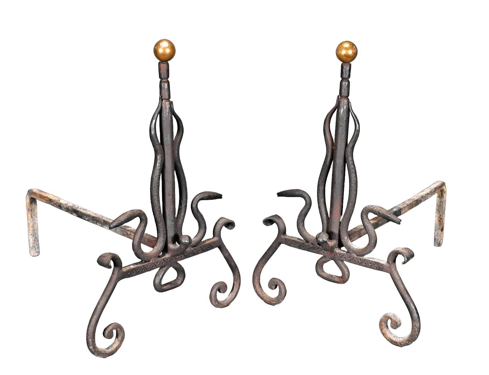 Snake Motif Andirons.: Anonymous. Snake Motif Andirons. Hand-forged metal with brass finials. Light use otherwise great condition. Each is 17" w x 17" h x 11" d. Est. $300-500. Ship: $150