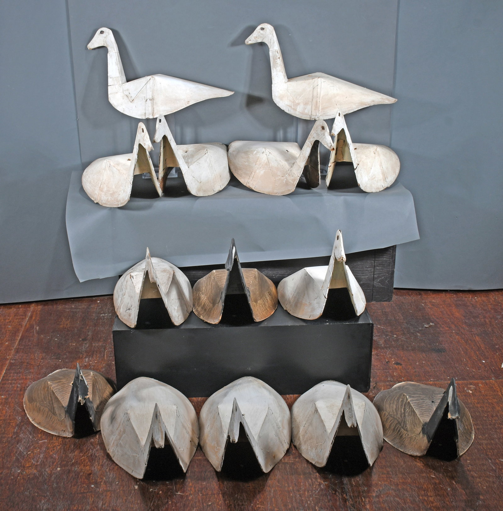 14 Paper Bird Decoys.: Anonymous. 14 Paper Bird Decoys. Paint on paper construction. Expected use and wear, otherwise good to fair condition. Average size is 26" w x 18" h. Est. $200-400. Ship: $150