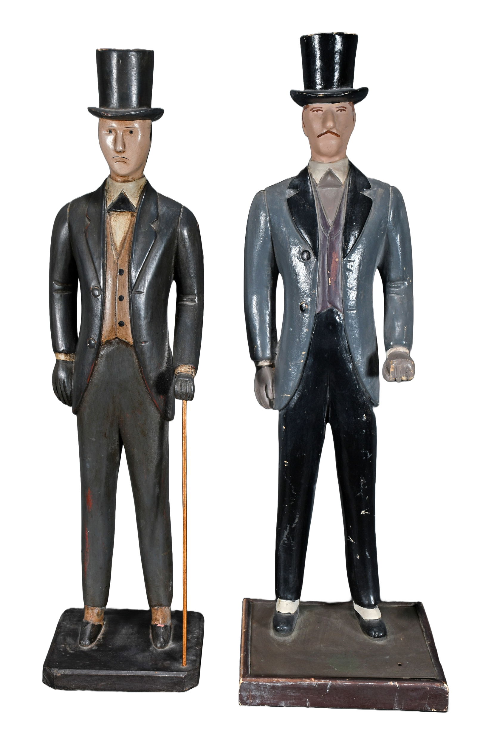 Pair of Table Top Haberdashery Trade Signs.: Unknown. Pair of Table Top Haberdashery Trade Signs. Carved and painted wood with gesso. Minor wear, and loss of cane to one otherwise great condition. Largest is 8" w x 25.5" h x 7" d. Est. $300-500.