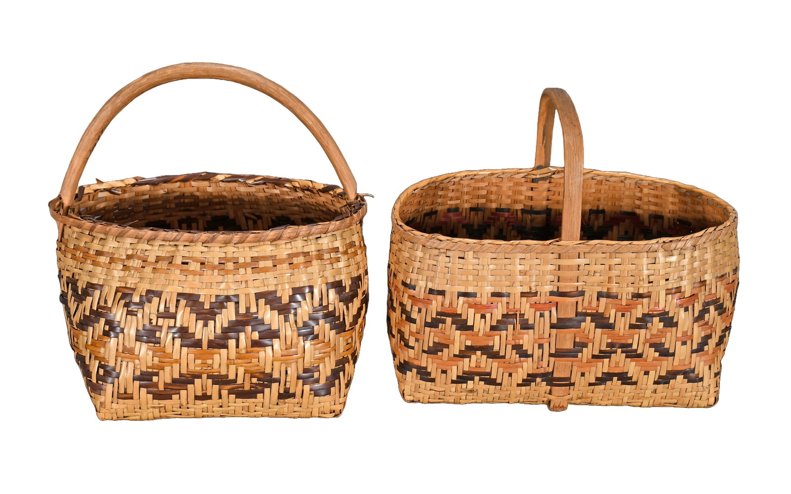 Pair of Effigy-Styled Decorated Baskets.: Pair of Effigy-Styled Decorated Baskets. River cane and natural dye with oak handles. Minor wear, slightly misshapen, otherwise good condition. Largest is 13" w x 11" h. Est. $100-300. Ship: $55