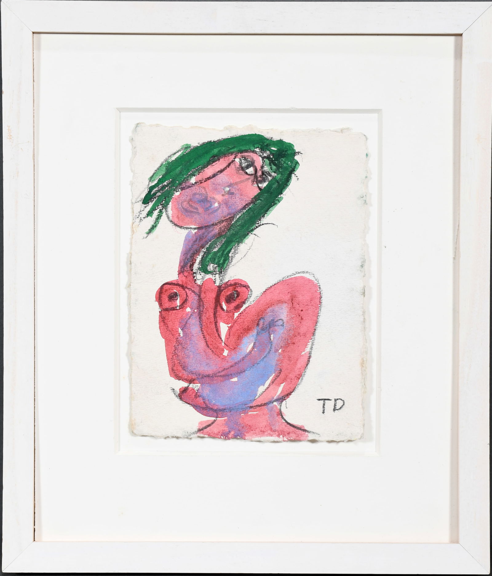 Thornton Dial. Struggling Woman.: Thornton Dial. Struggling Woman. 1993. Initialed, dated and titled. Watercolor and graphite on artist rag paper. Excellent condition. Image is 6" w x 8" h. Frame is 12" w x 14" h. Est. $500-800. Ship: