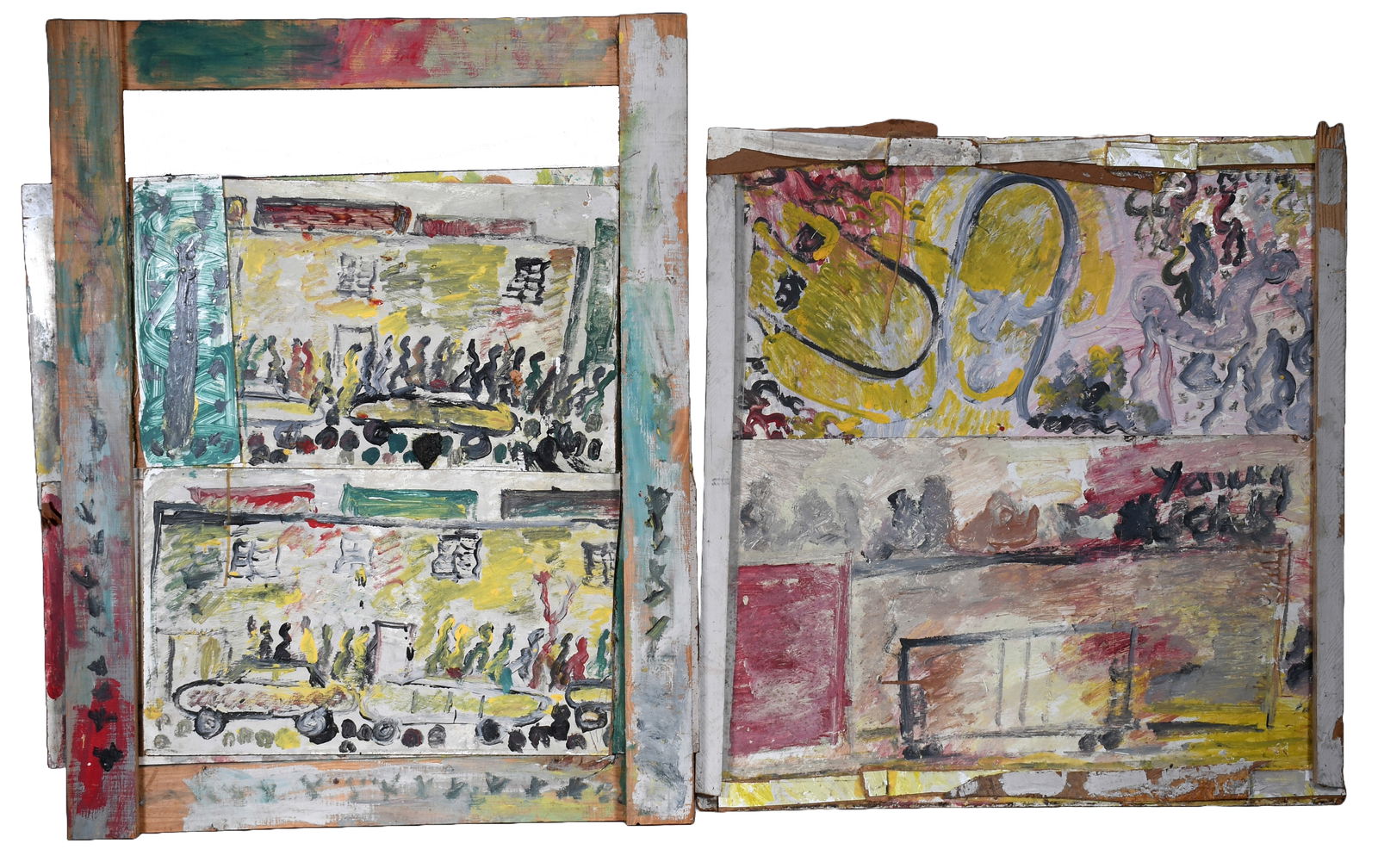 Purvis Young. Pair of Works.: Purvis Young. Pair of Works. Signed. Paint on found Masonite. Good condition. Largest is 34" w x 45" h. Est. $1,000-1,500. Ship: $250