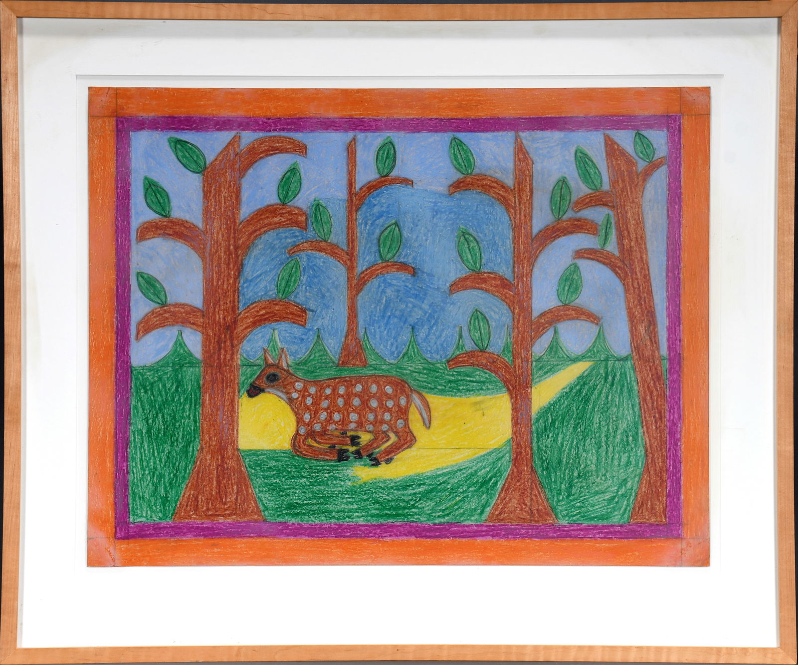 Eddie Arning. Fawn in Forest.: Eddie Arning. Fawn in Forest. Craypas on paper. Excellent condition. Image is 26" w x 20" h. Frame is 33" w x 27" h. Est. $2,000-3,000. Ship: $125