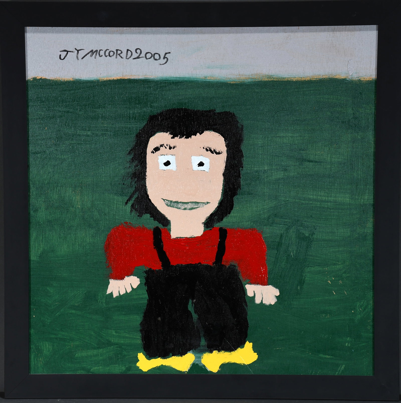 Jake McCord. Boy in Overalls.: Jake McCord. Boy in Overalls. 2005. Signed and dated. Paint on board. Minor rubs otherwise great condition. Size with frame is 27" w x 27" h. Est. $200-300. Ship: $75