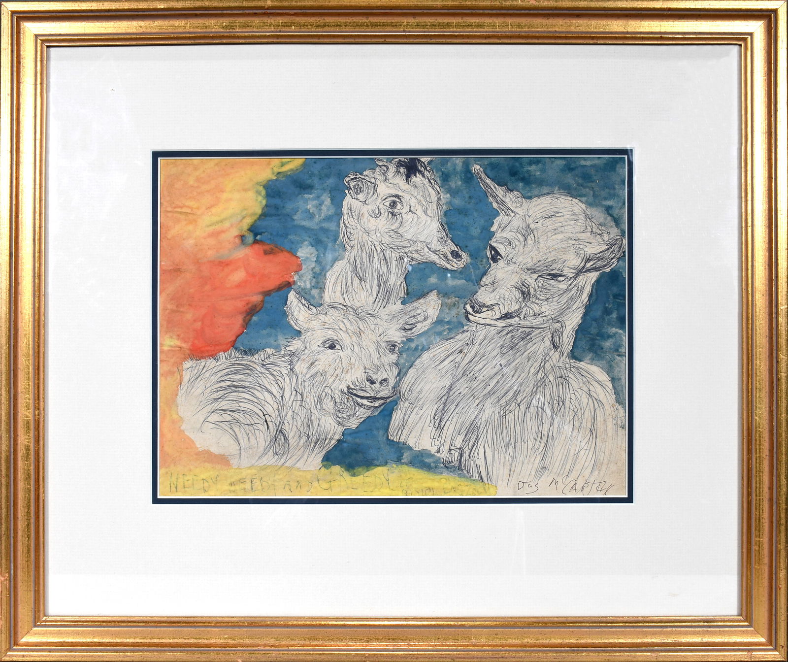 Justin McCarthy. Needy, Weedy and Greedy.: Justin McCarthy. Needy, Weedy and Greedy. Signed and titled. Watercolor and ink on paper. Excellent condition. Size with frame is 19.5" w x 16.5" h. Est. $500-800. Ship: $65