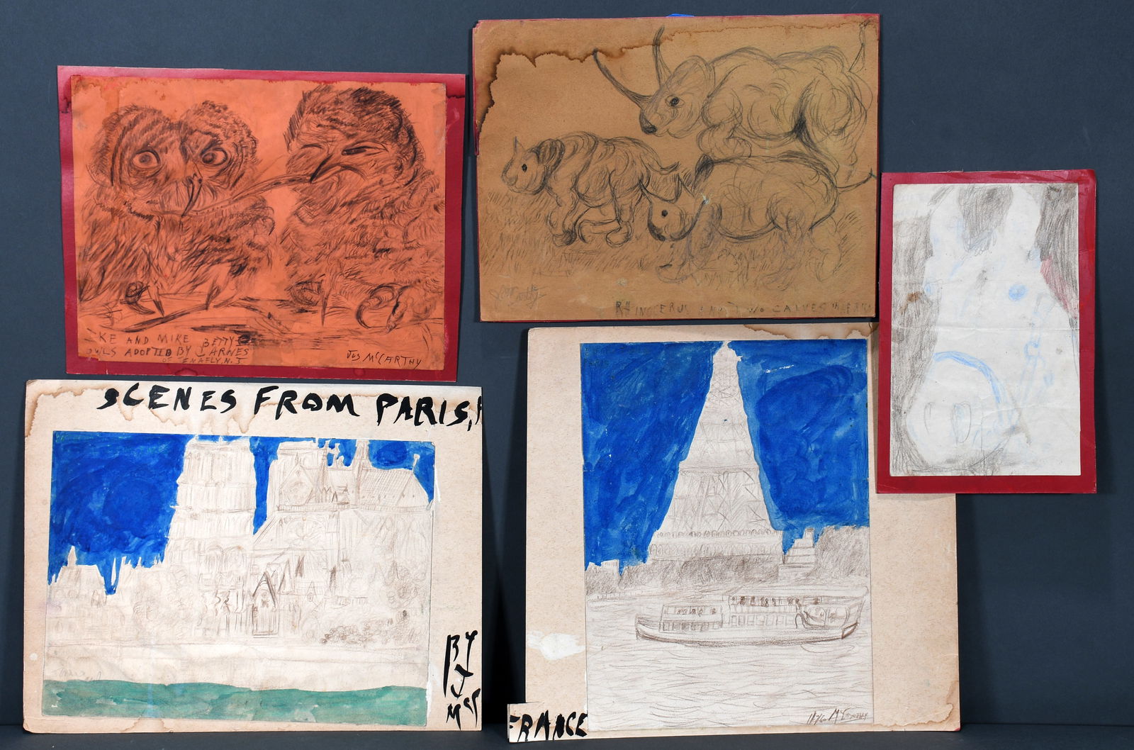 Justin McCarthy. Five Sketches.: Justin McCarthy. Five Sketches. Signed. c. 1960's. Mixed media on cardstock. Poor condition. Average size is 11" x 13". Est. $50-$100. Ship: $45