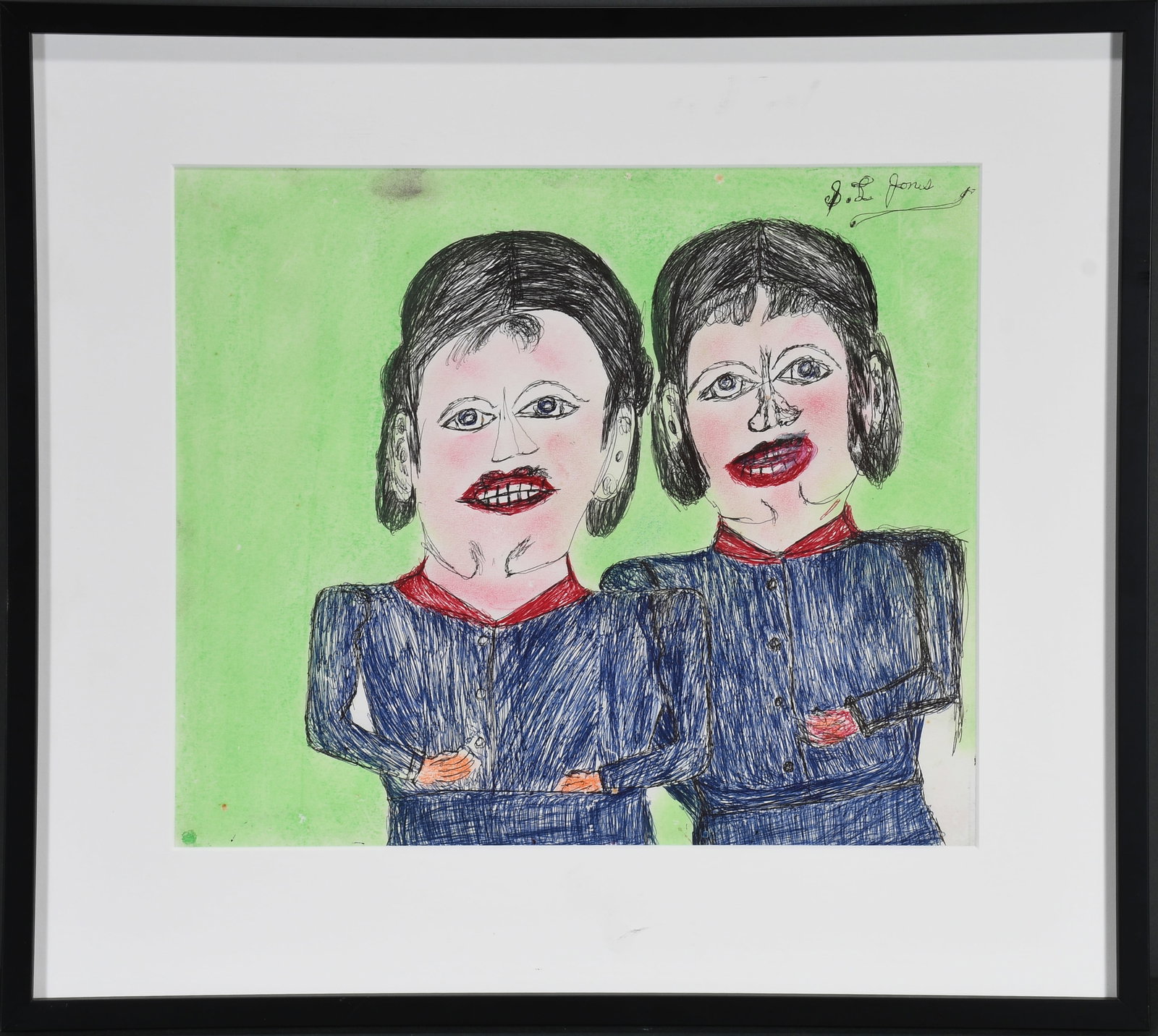 S.L. Jones. Twins.: S.L. Jones. Twins. Signed. Ink and pastel on paper. Good condition. Size with frame is 23" w x 21" h. Est. $100-200. Ship: $55