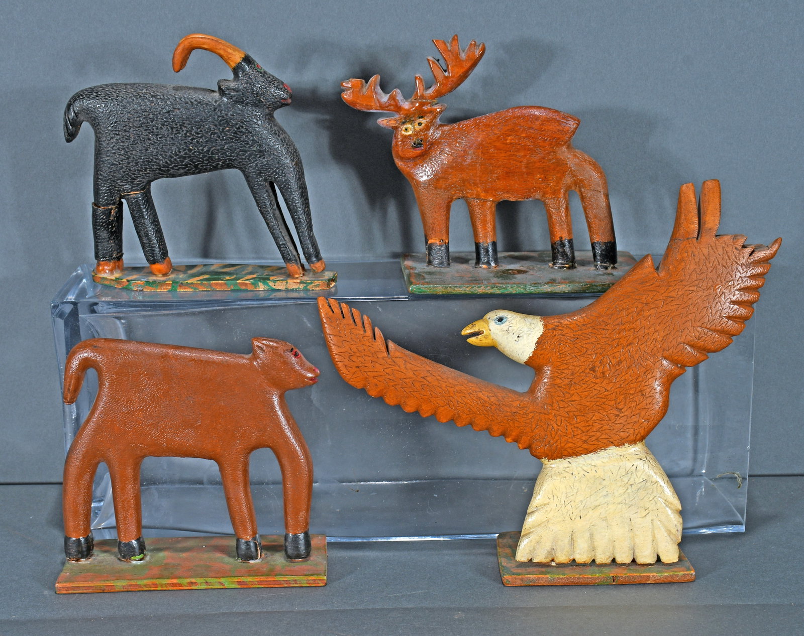 C. Kurpinksi. 4 Animal and Bird Carvings.: c. Kurpinksi. 4 Animal and Bird Carvings. Not signed. Carved and painted wood. All have breaks and repairs to legs or wings, otherwise fair condition. Largest is 8.5" h. Est. $200-300. Ship: $55
