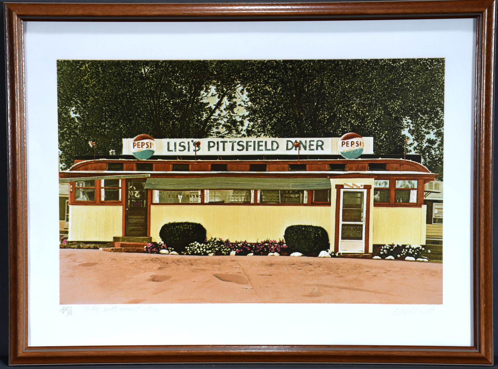 John Baeder. Lisi's Pittsfield Dinner Artist Proof. # 1 of 30.: John Baeder. Lisi's Pittsfield Dinner Artist Proof. # 1 of 30. Signed and numbered. Excellent condition. Size with frame is 30" w x 24" h. Est. $100-200. Ship: $100
