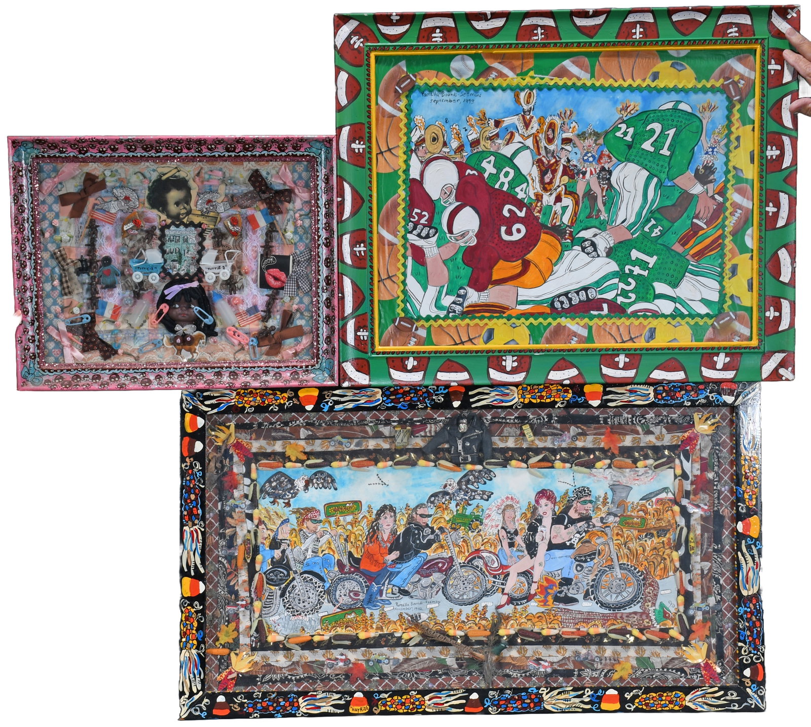 Pamela Bounds-Seeman. Football, Bikers Route 9 & Baby Shadow Box.: Pamela Bounds-Seeman. 3 Works Football, Bikers Route 9 and Baby Shadow Box. 1992-1993. Signed and dated. Paint and mixed media on board. Good to fair condition. Largest is 34" w x 19" h. Est. $200-300