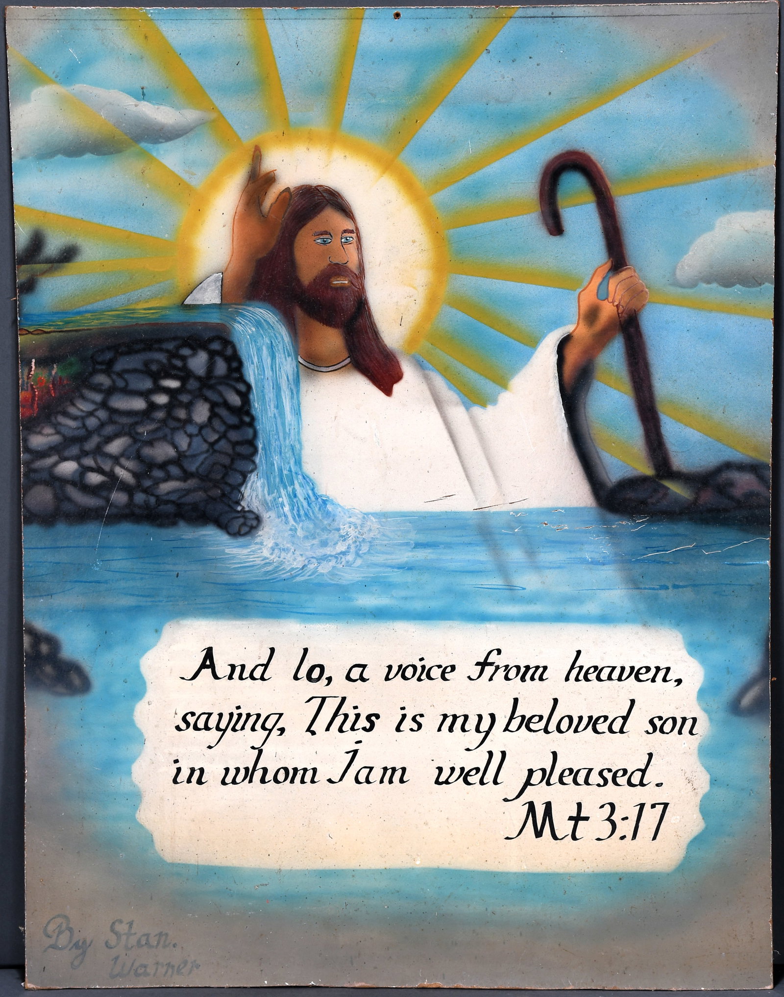 Stan Warner. Jesus In The Water.: Stan Warner. Religious Street Artist. Jesus In The Water. Signed. Paint on Masonite. Surface scratches, otherwise fair condition. 21" w x 28" h. Est. $100-200. Ship: $65