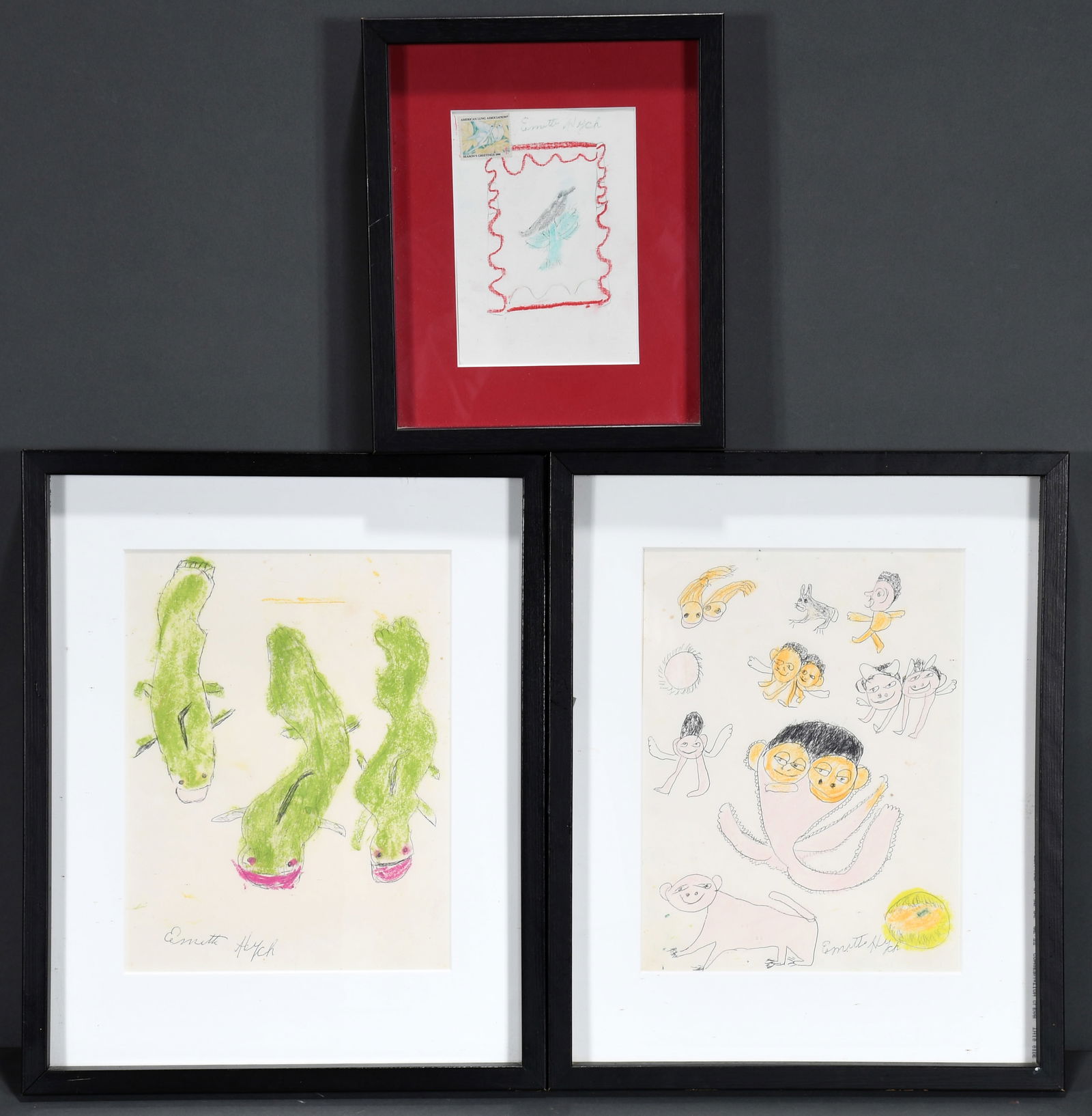 Emitte Hych. Three Works: Bird in Tree, Twins, and Catfish. (1 of 3)