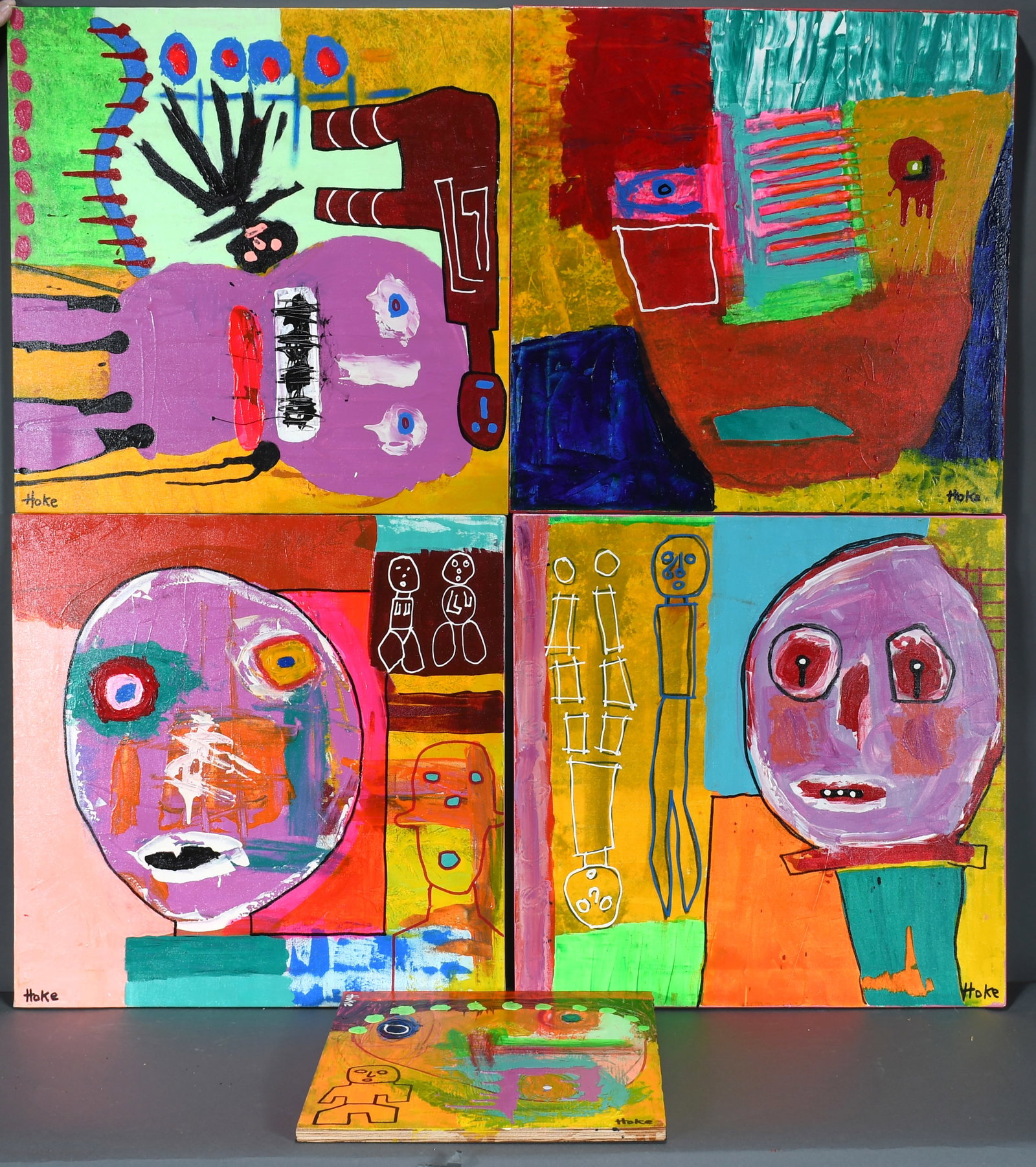 Hoke. 5 Paintings.: Hoke. 5 Paintings. 2014. Signed, dated and titled. 4 oils on canvas, one on board. Excellent condition. Average size is 20" w x 20" h. Est. $50-100. Ship: $65
