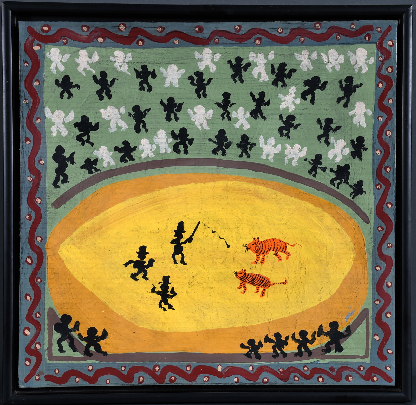 Tiger Training at the Circus.: Unknown Artist. Tiger Training at the Circus. Paint on cardboard. Some surface grime, otherwise excellent condition. Size with frame is 20" w x 20" h. Est. $100-200. Ship: $55