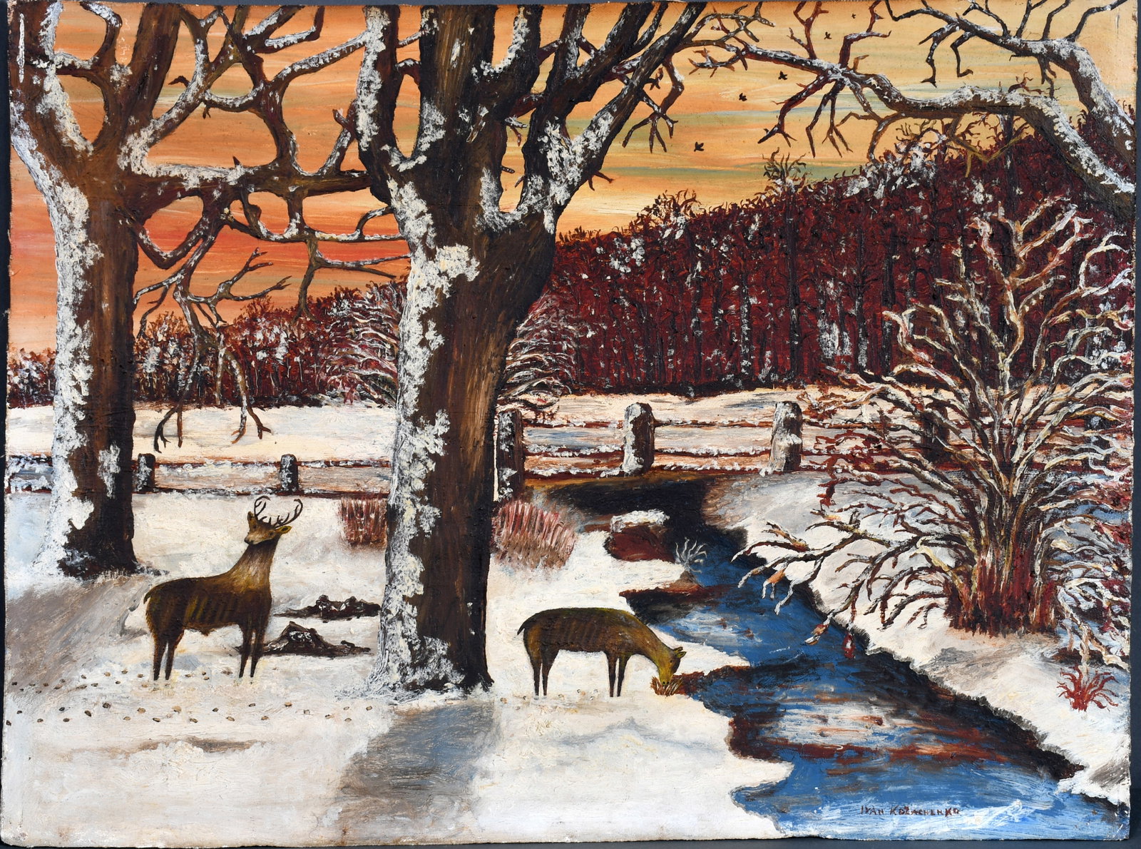 Ivan Kozachenko. Deer and Stream.: Ivan Kozachenko. Deer and Stream. Signed. Oil on board. Some surface grime, otherwise great condition. 24" w x 18" h. Est. $100-300. Ship: $45