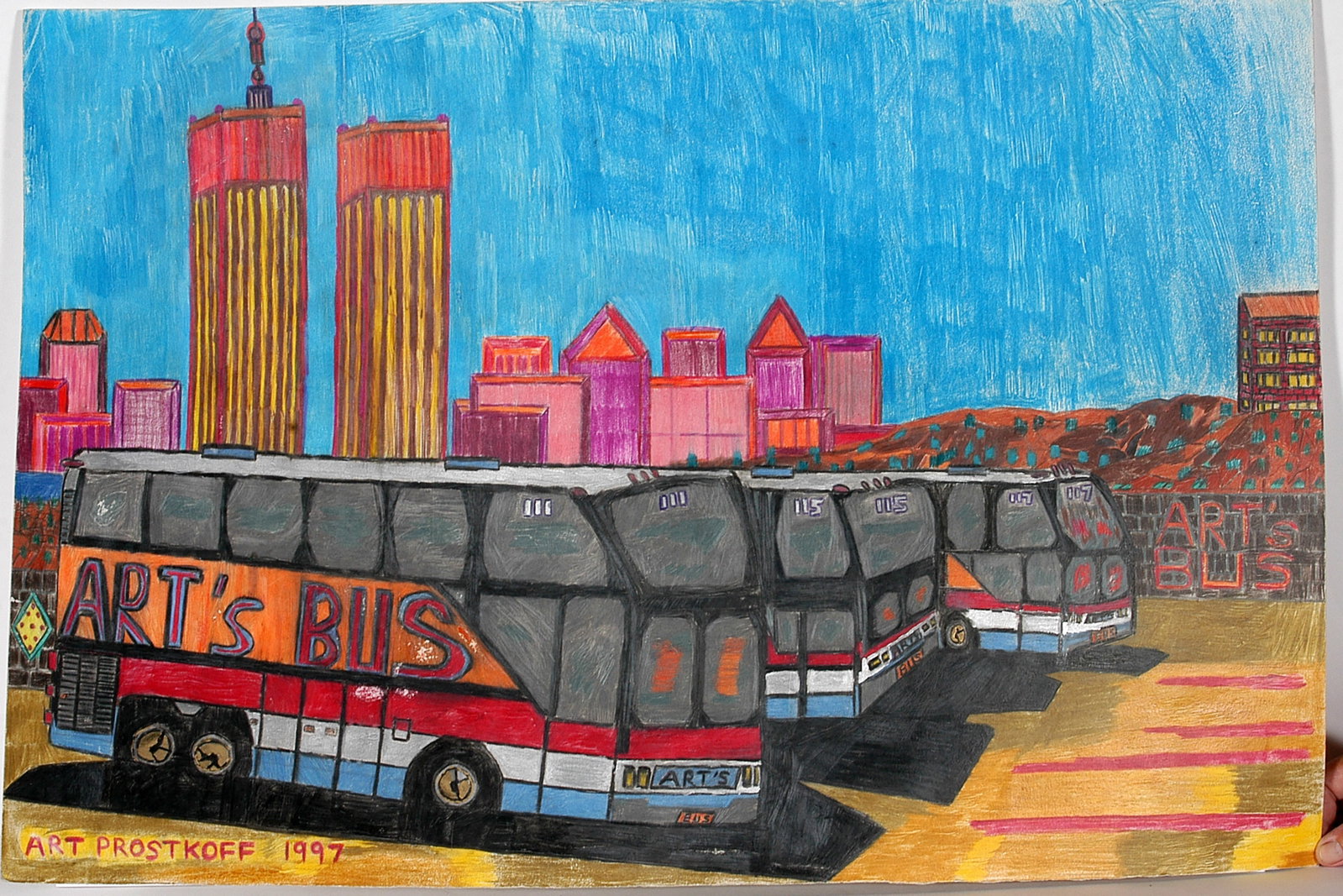 Art Prostkoff. Art's Bus.: Art Prostkoff. Art’s Bus. 1997. Craypas on poster. Slight rubs, otherwise good condition. Photo of subject on verso. 32” w x 22” h. Est. $200-400. Ship: $85
