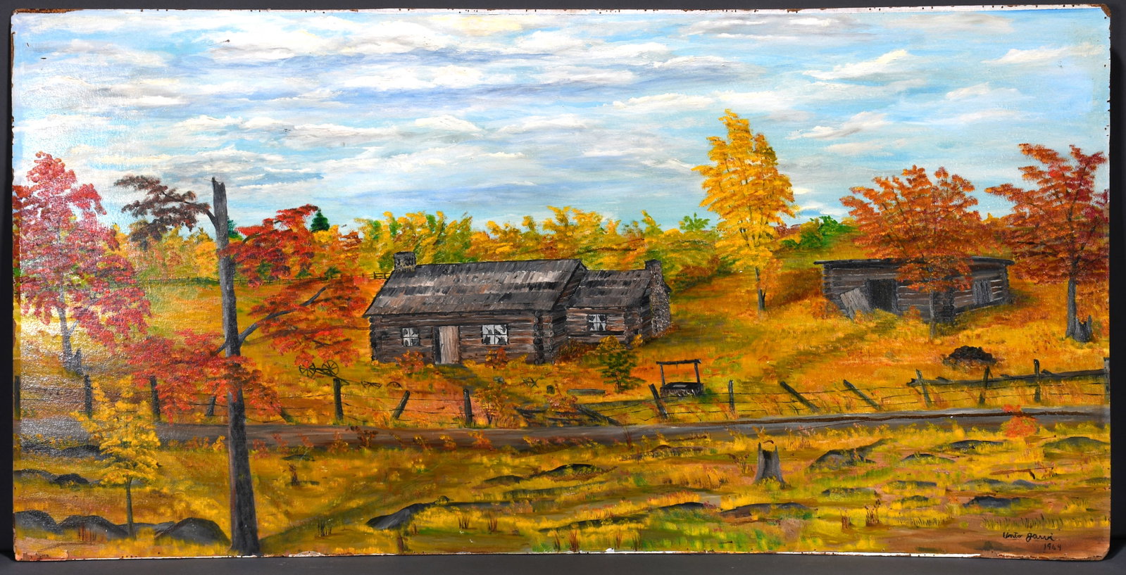 Unto Jarvi. Log Cabin in the Fall.: Unto Jarvi. Log Cabin in the Fall. 1964. Signed and dated. Oil on Masonite. Minor wear on edges otherwise good condition. 48" w x 24” h. Est. $100-200. Ship: $200