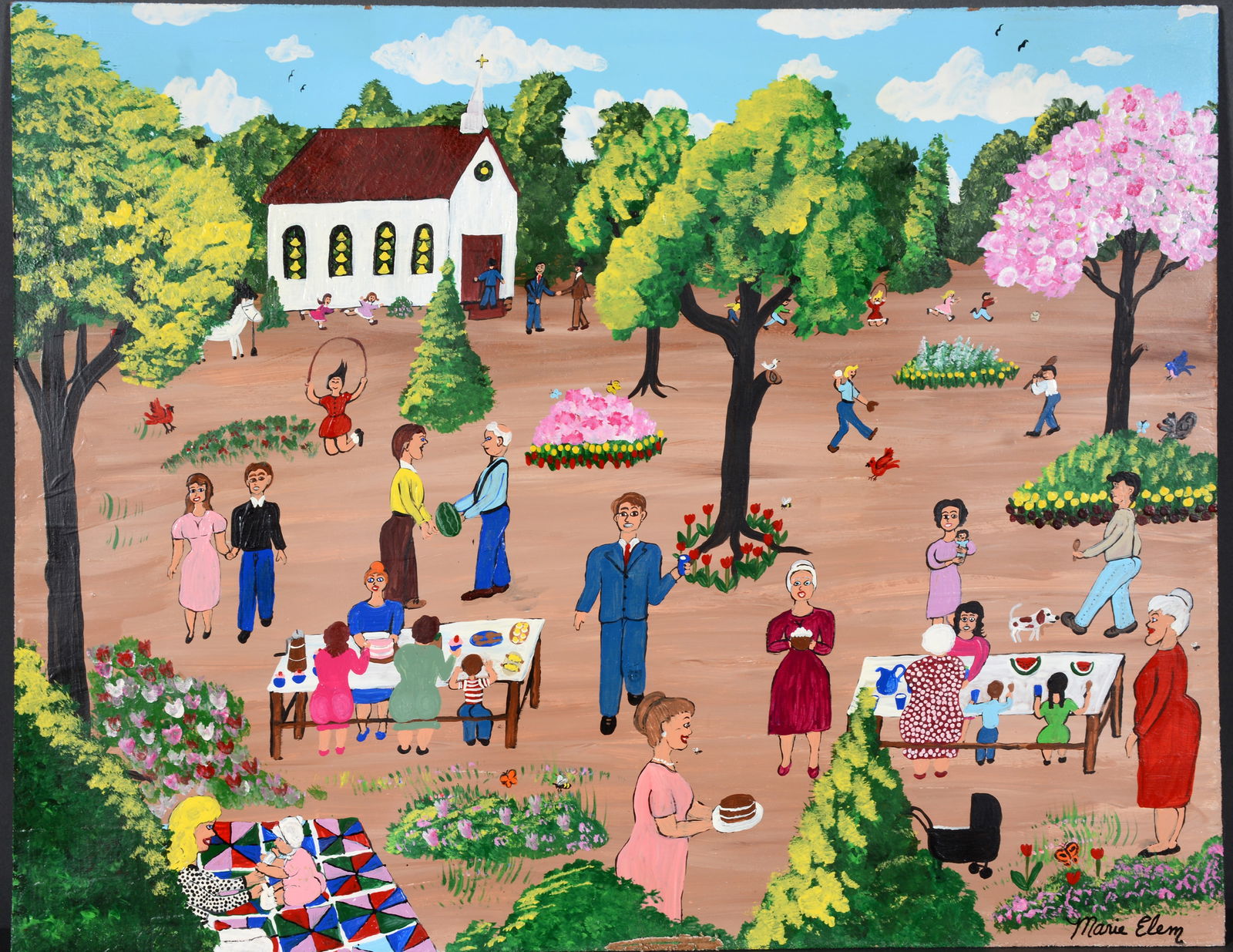 Marie Elem. Picnic Dinner on the Ground.: Marie Elem. Picnic Dinner on the Ground. Signed and titled. Oil on Masonite. Excellent condition. 25” w x 15.5” h. Est. $100-200. Ship: $45