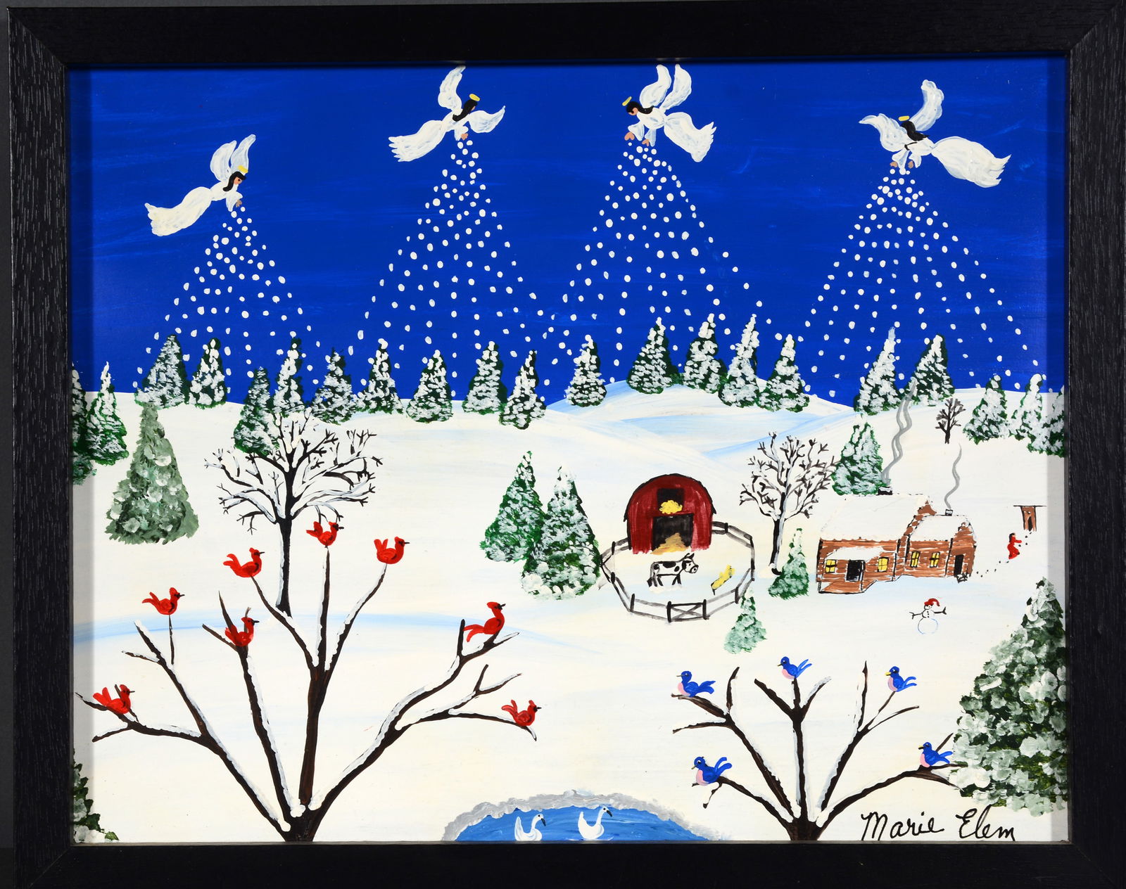 Marie Elem. Angel Flakes.: Marie Elem. Angel Flakes. Signed and titled. Paint on Masonite. Excellent condition. 15” w x 12” h with frame. Est. $25-35. Ship: $35