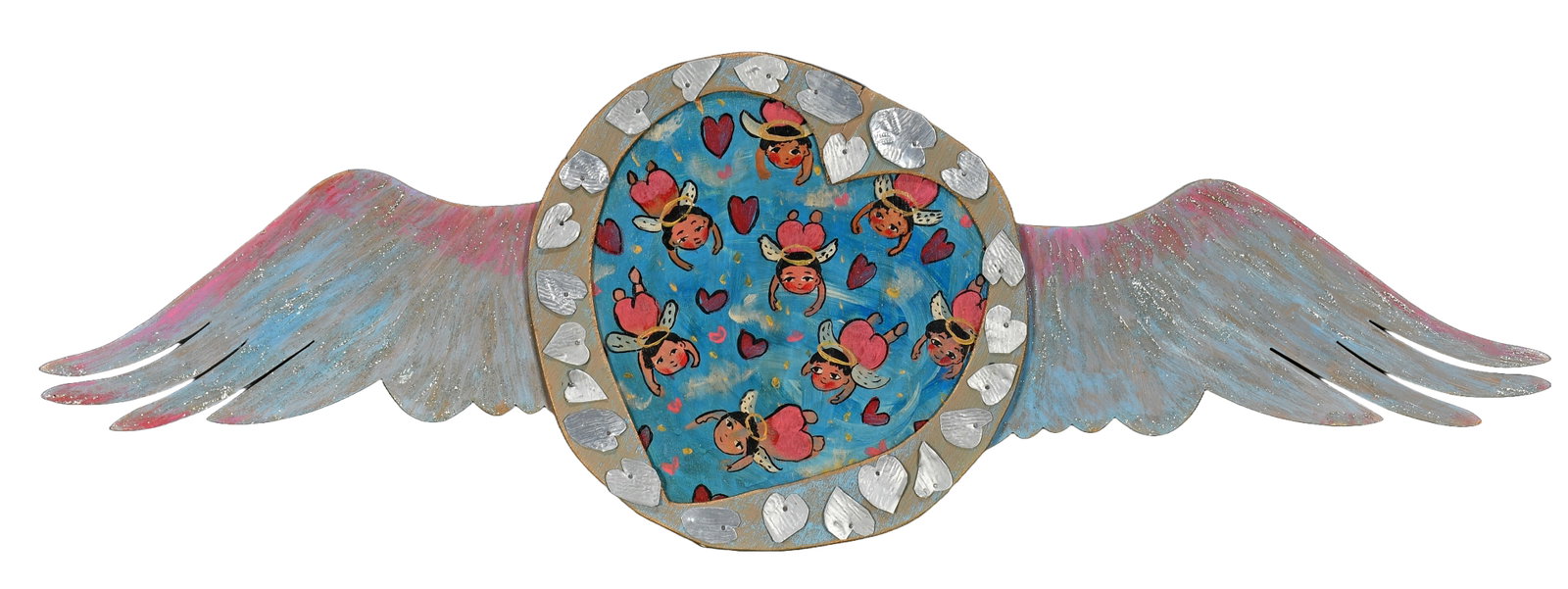 Lyd A. Winged Piece with Angels.: Lyd A. Winged Piece with Angels. 2001. Signed and dated. Paint and mixed media on cutout board. Excellent condition. 38" w. Est. $100-200. Ship: $65