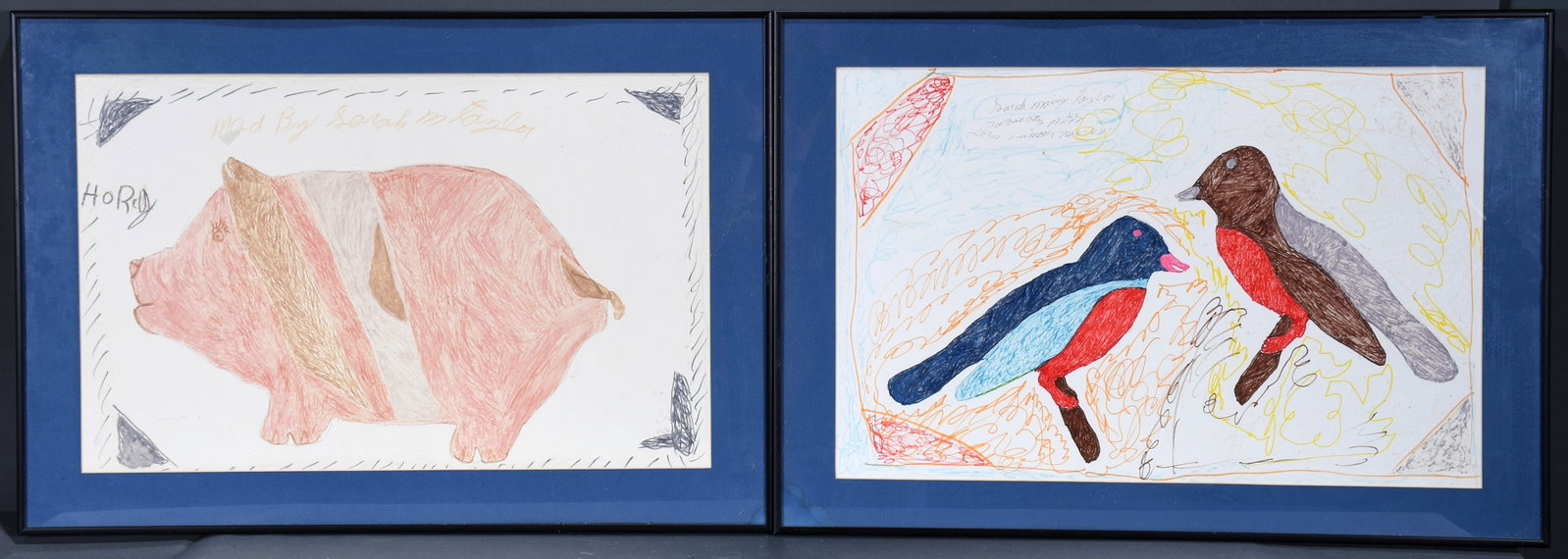 Sarah Mary Taylor. Pig and Birds.: Sarah Mary Taylor. Pig and Birds. Signed. Marker on paper. Great condition. 26" w x 18" h each with frames. Provenance: The Rosenak Family Collection. Est. $100-200. Ship: $75