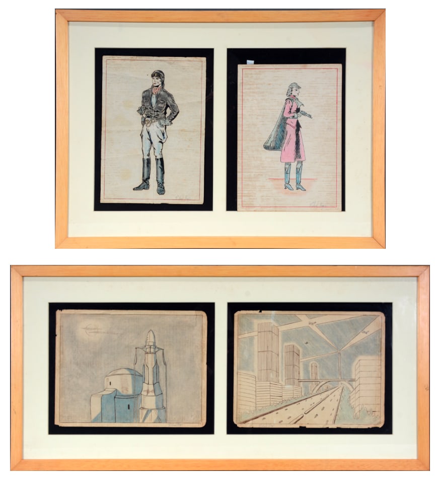Richard Hayes. Future Buildings and Couples.: Richard Hayes. Future Couple and Future Buildings. c. 1940-50's. Ink on paper. Minor wear to edges, slight aging, Couple needs new frame. Images are 11” x 8.5” average. Sizes with frames a