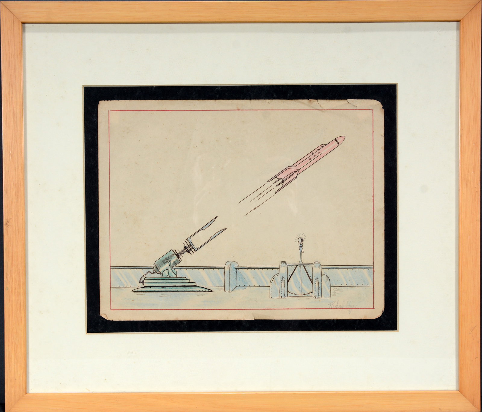 Richard Hayes. Missile Launch.: Richard Hayes. Missile Launch. c. 1940-50’s. Slight aging to paper. 11” w x 8.5” h. Frame is 18.5” w x 16” h. Est. $100-200. Ship: $45