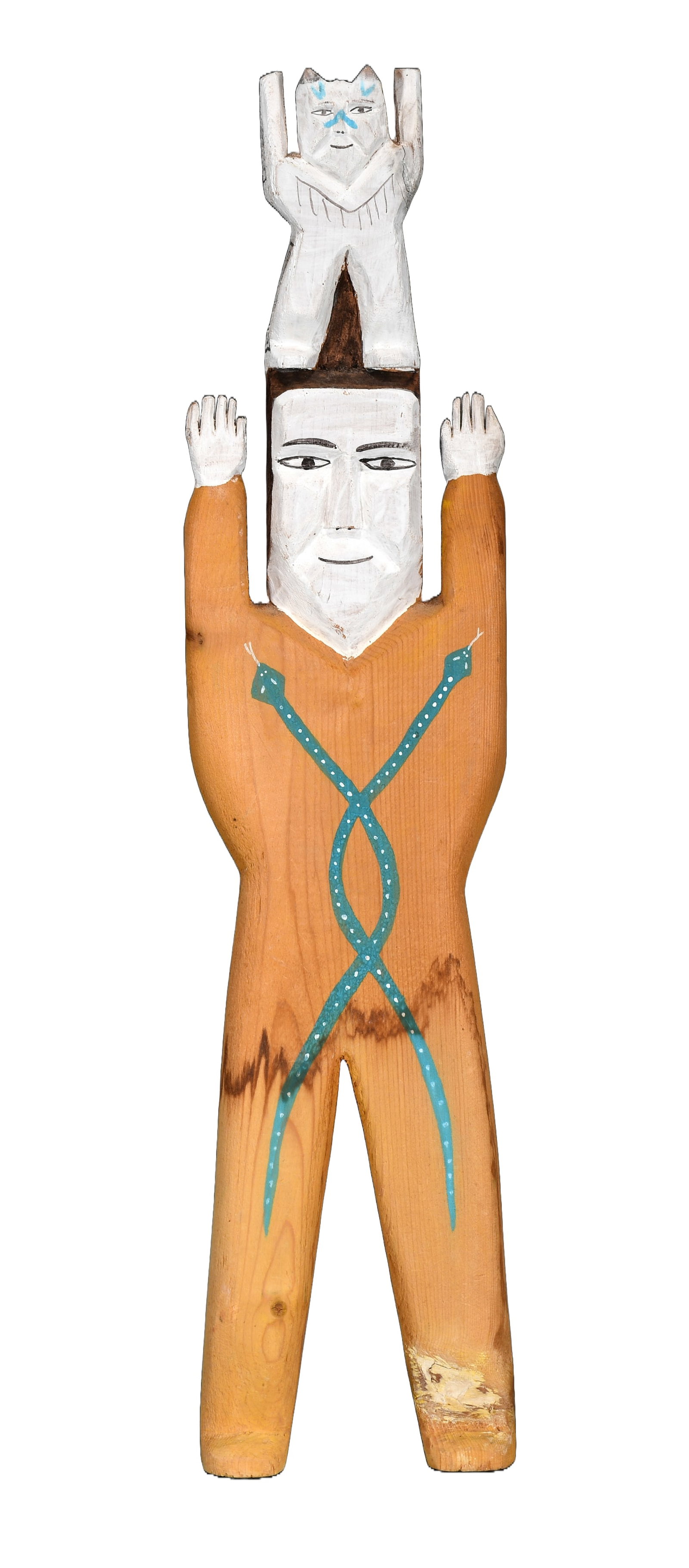 Elizabeth Willeto. Man with Arms Raised.: Elizabeth Willeto (Wife of Charlie Willeto). Man with Arms Raised. Signed. Paint on carved wood. Water stains on legs and left foot has previous repair, otherwise fair condition. 24" h. Est. $25-50. S