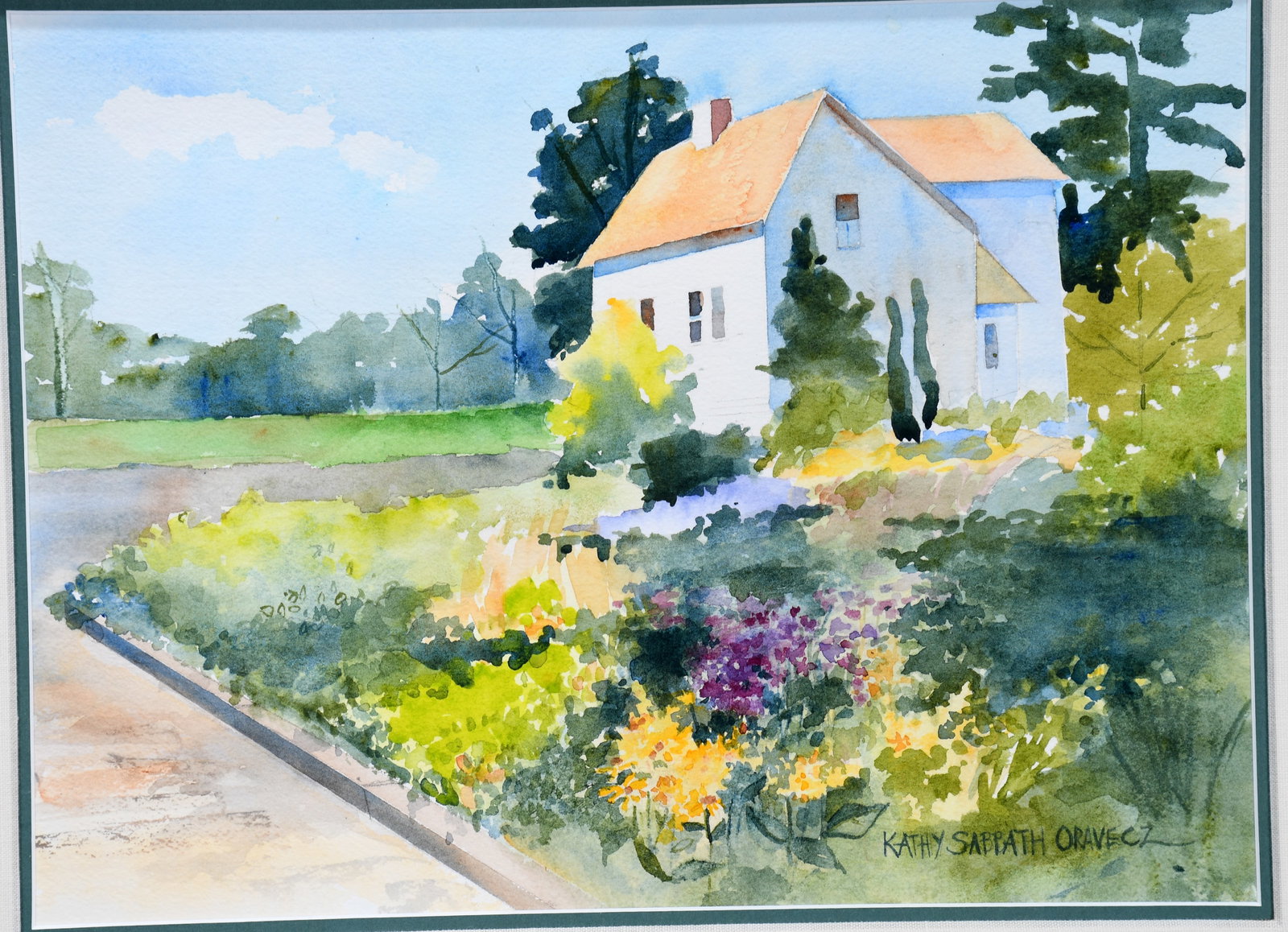 Kathy Sabbath Oravecz. Corner Lot.: Kathy Sabbath Oravecz. Corner Lot. Signed. Watercolor on paper. Excellent condition. Size with frame is 24" w x 21" h. Est. $100-200. Ship: $65