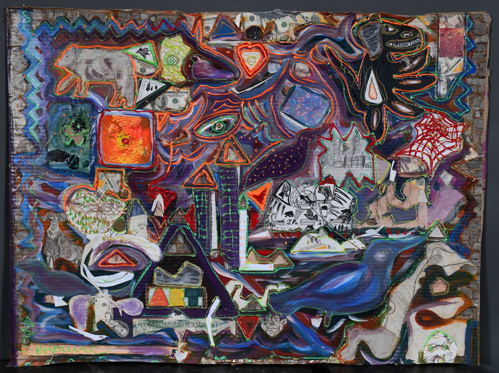 Craig Brown. Memory of 911.: Craig Brown. Memory of 911. 2009. Signed, dated and titled. Paint and mixed media on cardboard. Good to fair condition. 40" w x 31" h. Est. $100-200. Ship: $300