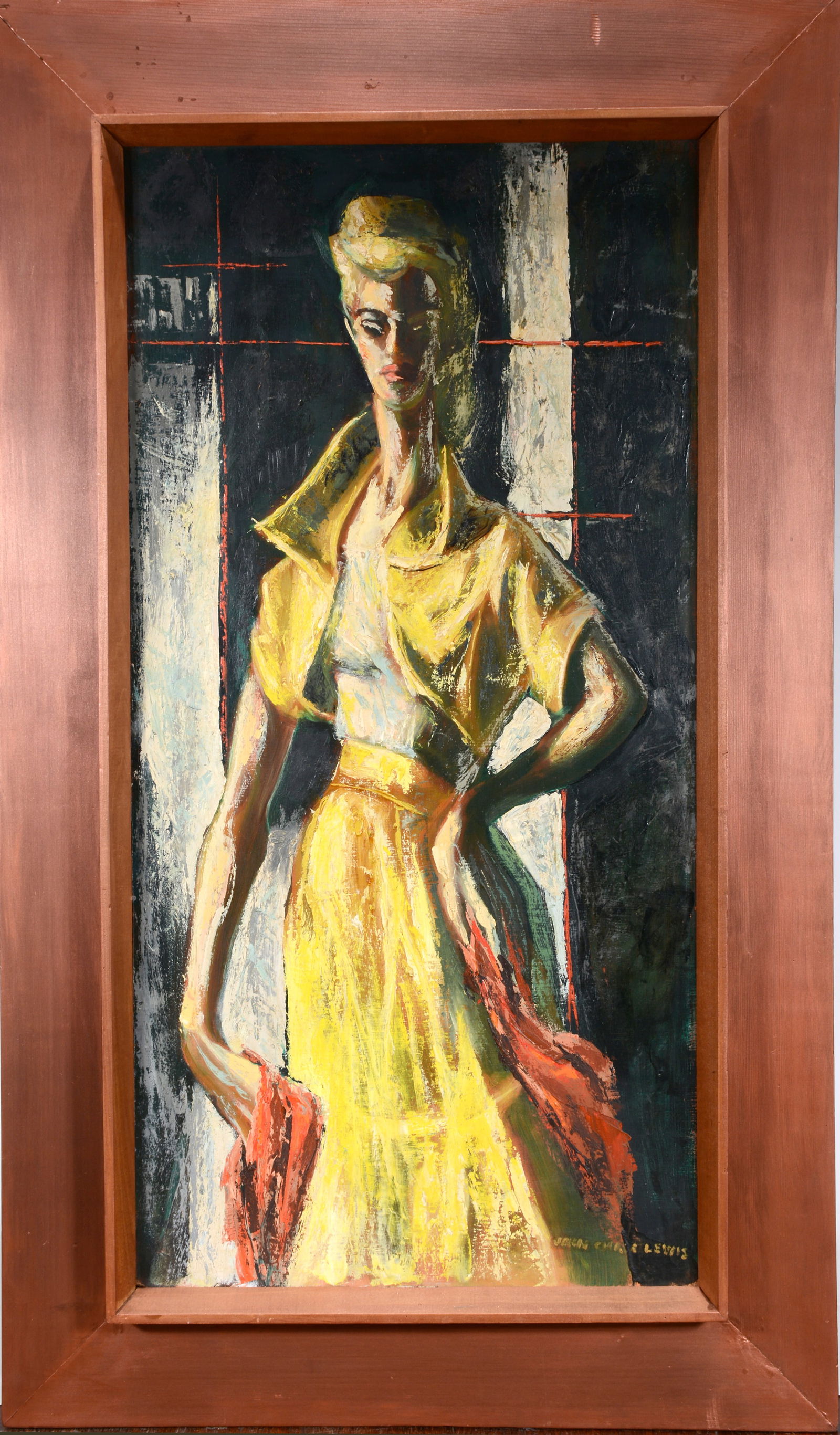 John Lewis Chris. Woman In Yellow.: John Lewis Chris. Woman In Yellow. c. 1960-70’s. Signed. Oil on Masonite. Excellent condition. 35” w x 60” h with frame. Est. $100-200. Buyer is responsible for shipping.