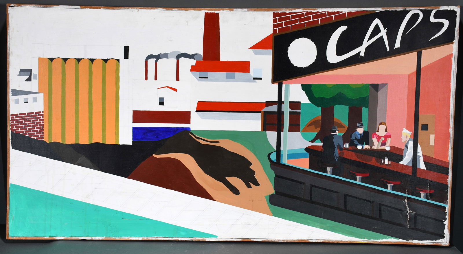 Homage to Edward Hopper.: Unknown. Homage to Edward Hopper. Paint on canvas. Large tear bottom right corner, otherwise poor condition. 49" w x 26" h. Est. $25-35. Ship: $300