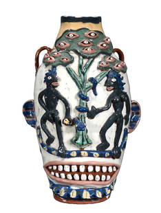 Carl Block. Monumental Adam & Eve Face Jug With Flowers on Verso.: Carl Block. (Texas). Monumental Adam and Eve Face Jug With Flowers on Verso. Stamped. Multi-colored glaze. Mint condition. 18" h. Est. $1,000-2,000. Ship: $150