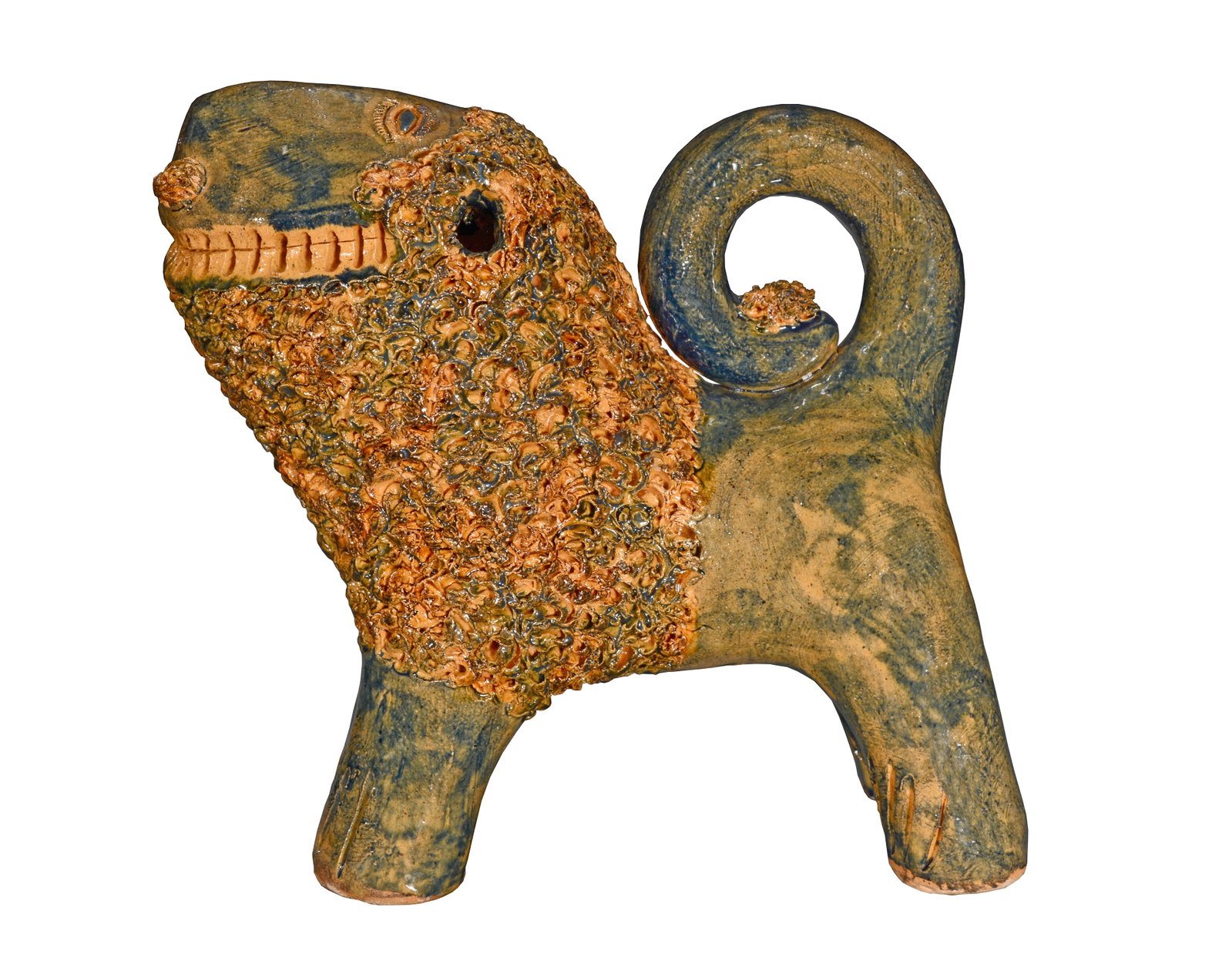 Billy Ray Hussey. Blue and Yellow Sponge-Glazed Lion.: Billy Ray Hussey. Blue and Yellow Sponge-Glazed Lion. Initialed and numbered '53' on bottom. Mint condition. 7" h x 7" long. Est. $300-500. Ship: $45