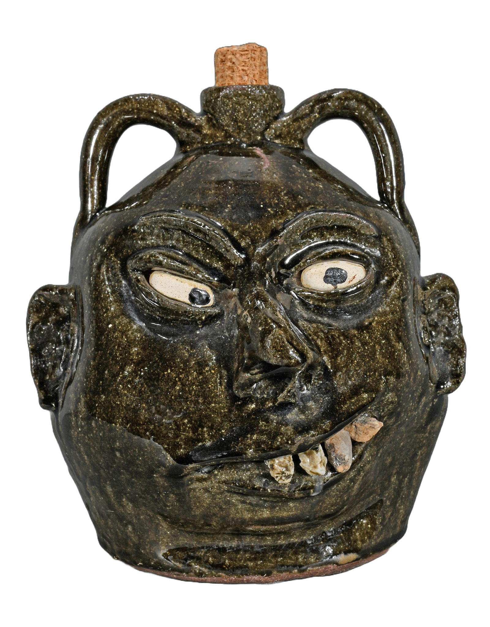 Lanier Meaders. Double-Face Rock Tooth Politician Jug.: Lanier Meaders. Double-Face Rock Tooth Politician Jug. c. 1960's. Signed. Masterpiece Example. Deep dark rich tobacco-spit glaze. Perfect rock teeth, mint condition. 9.5" h. Est. $3,000-5,000. Ship: $