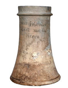 African American Funeral Vase.: Anonymous African American Funeral Vase. c.1930's. Selma, Alabama. Incised, 'Dear friends meet me in Heven' (sic.) Excellent condition. 10" h. Water hole drain in bottom. Provenance: James Allen. Est.