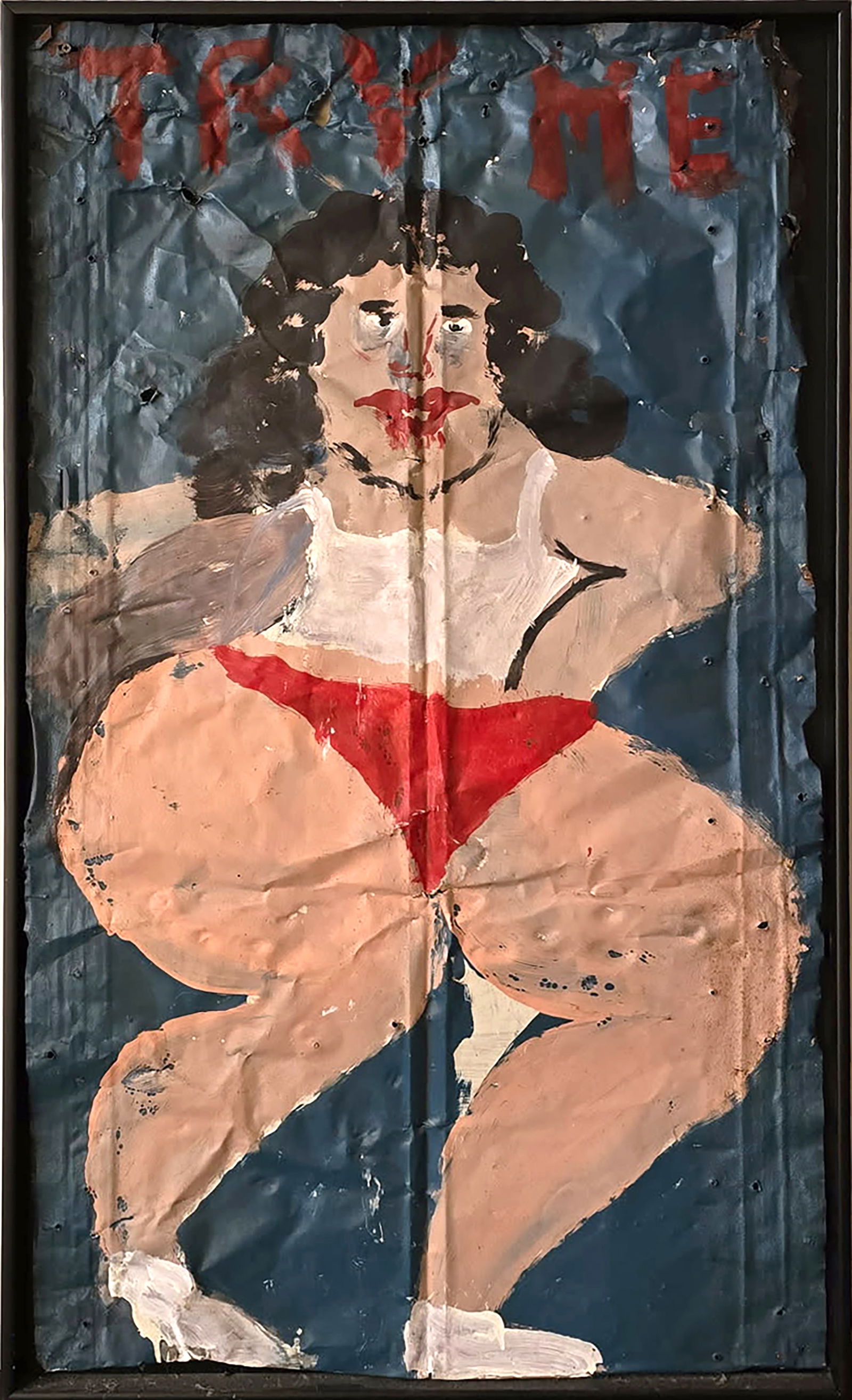 Sam Doyle. Try Me.: Sam Doyle. (1906-1985, St. Helena, SC). Try Me. Titled. Paint on discarded and found roofing tin. Expected weathering and wrinkling of metal. Excellent environmental condition. Image is 28.5" w x 48"